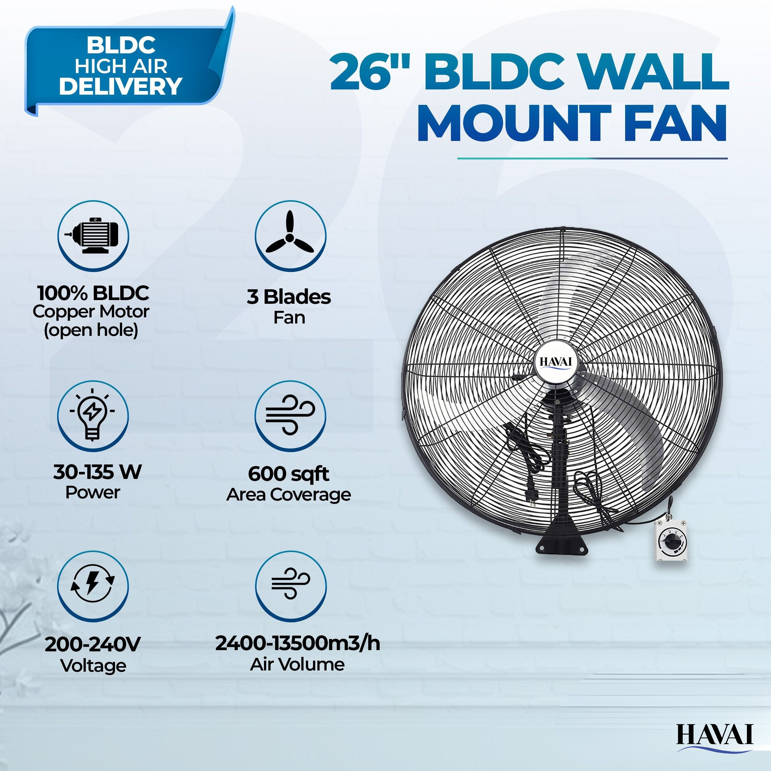 Havai 26" BLDC High-Speed Wall-Mount Fan – 3-Blade Design, Energy Efficient (20W-135W), 700-1400 RPM, 13,500 M³/Hr Airflow, 60-Foot Air Throw, 4-Speed Control, 2-Year Warranty