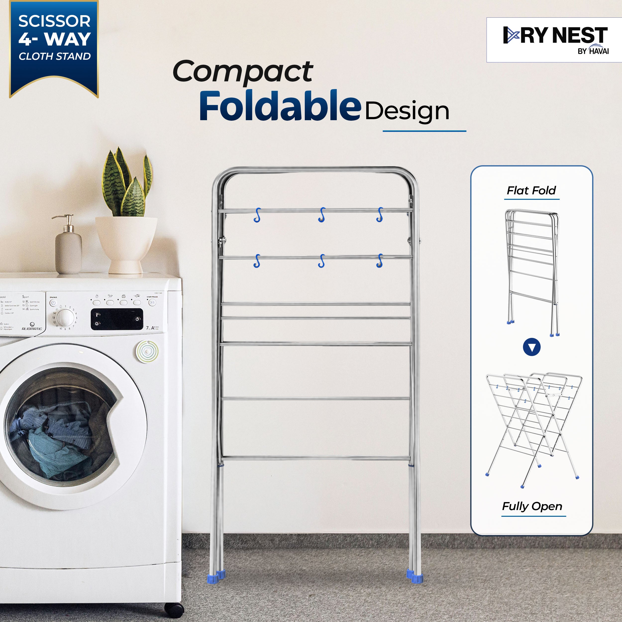 HAVAI DRY NEST 3kg Heavy Duty Premium Cloth Drying Stand | 4-Way Foldable Stainless Steel Clothes Dryer | 23 Rods with Hanger Hooks | 30kg Load Capacity | Strong & Stable | 2 Year Warranty