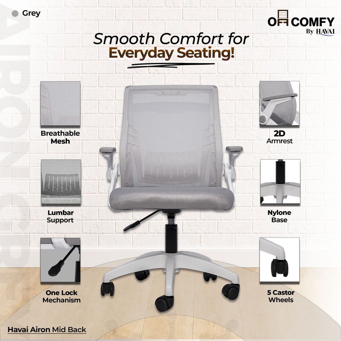 HAVAI Airon Ergonomic Office Chair with Mesh Back | Executive Computer Chair with Reclining & Folding Function | Nylon Armrests | Class 2 Gas Lift | Plywood Base Support | Grey Seat | WFH & Office Use | (Grey)