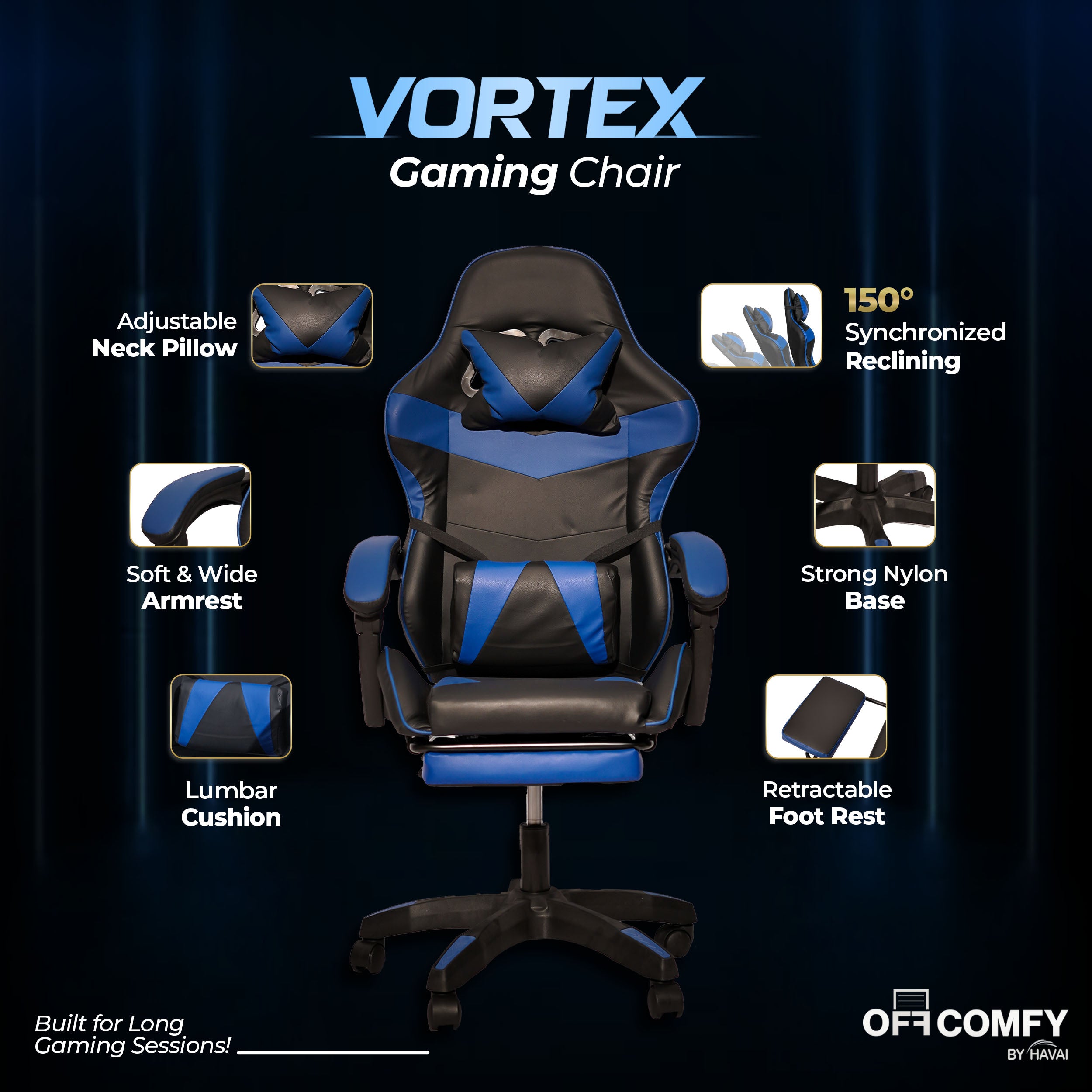 HAVAI Vortex BLUE Gaming Chair | Ergonomic High Back Computer Chair with Linkage Armrests | Reclining & Folding Backrest | Premium 0.55mm PVC Upholstery | High Density Foam Cushion | Class 1 Gas Lift | 320mm Nylon Base | Heavy Duty Wheels | (Blue & Black)