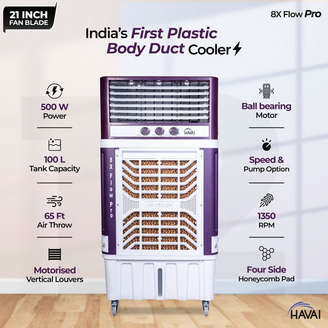 HAVAI 8X Flo Pro Plastic Body Duct Air Cooler | 100L Tank | 21” 4-Leaf Fan | 8500 m³/hr Airflow | 30 ft Air Throw | Double Ball Bearing Motor | 4-Side Honeycomb Cooling