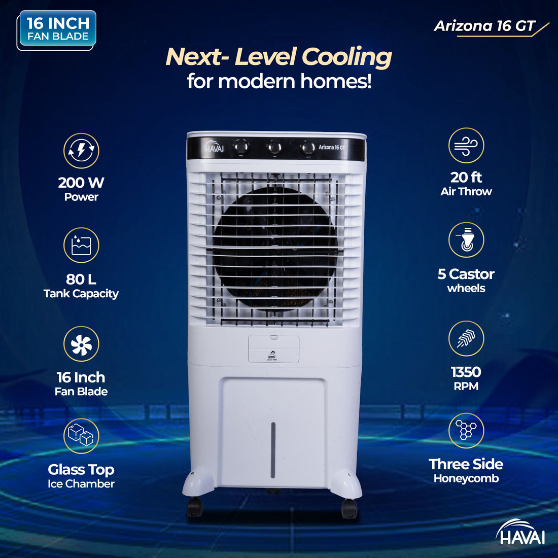 HAVAI Arizona 16 GT Desert Air Cooler | 80L Tank | 16” Aerodynamic Fan | 3-Side Thick Honeycomb | Glass Top with Ice Chamber | Smart Dust-Filter Inlet | 5 Castors | 3300 m³/hr | 1 Year On-Site Warranty