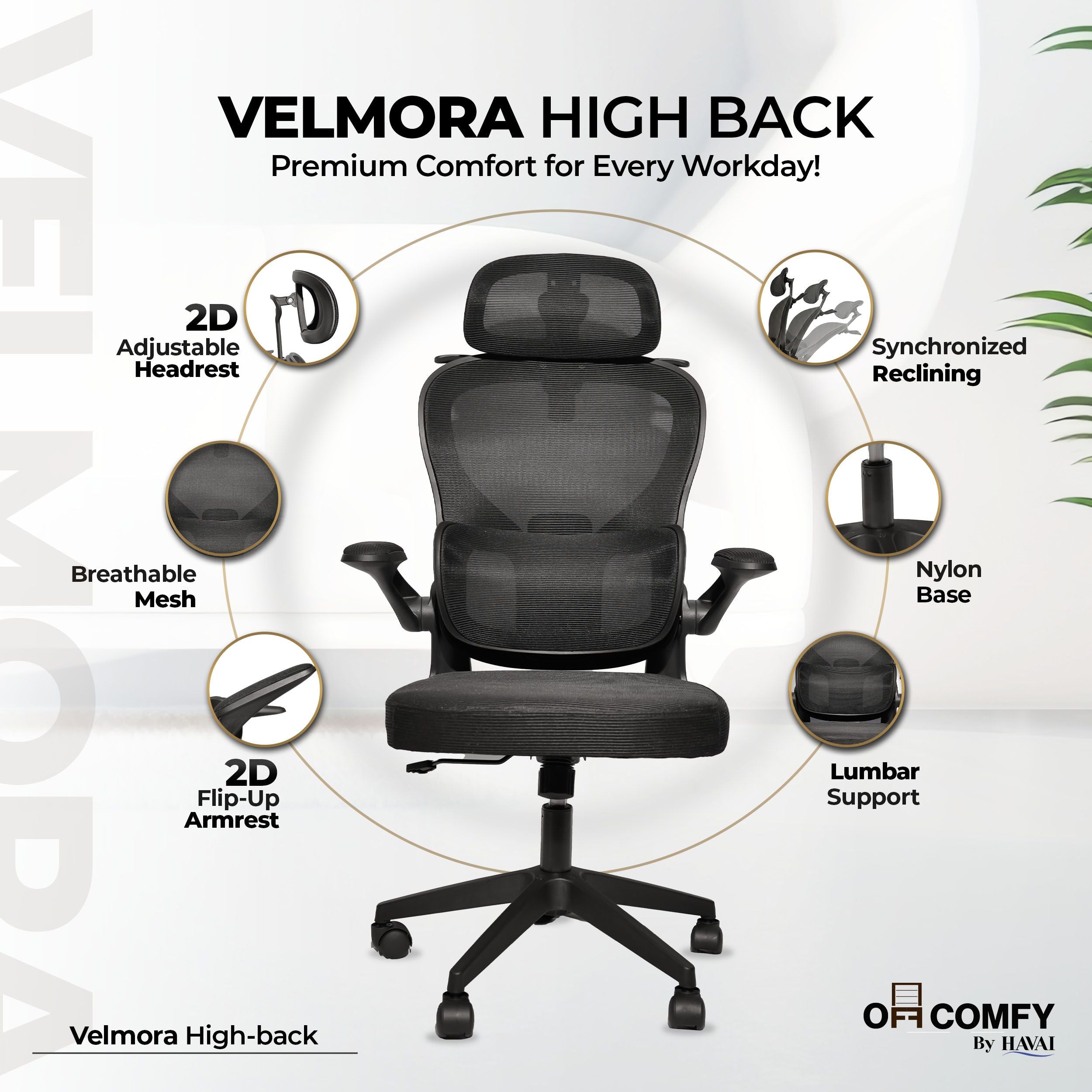 HAVAI Velmora Ergonomic Office Chair | High Back Mesh Chair with Reclining Mechanism, Adjustable Armrest, Headrest & Lumbar Support | Nylon Base & Wheels | Executive/WFH Chair (Black)