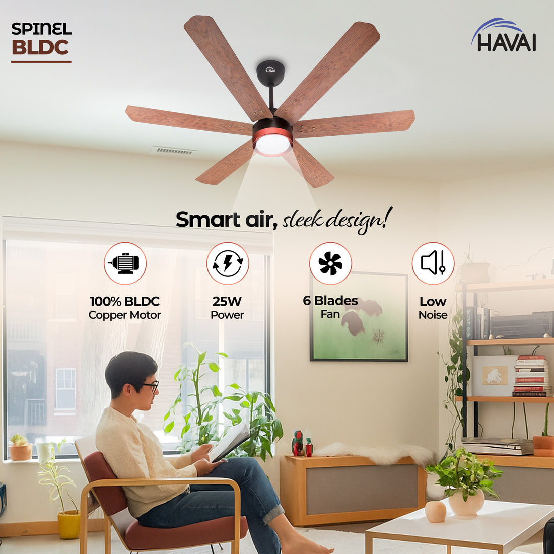 HAVAI Spinel BLDC Ceiling Fan with Decorative Ring | 1200mm, 6 Blades, 25W | Remote Control & 9W LED Light | 2 Years Warranty | Smoke Brown