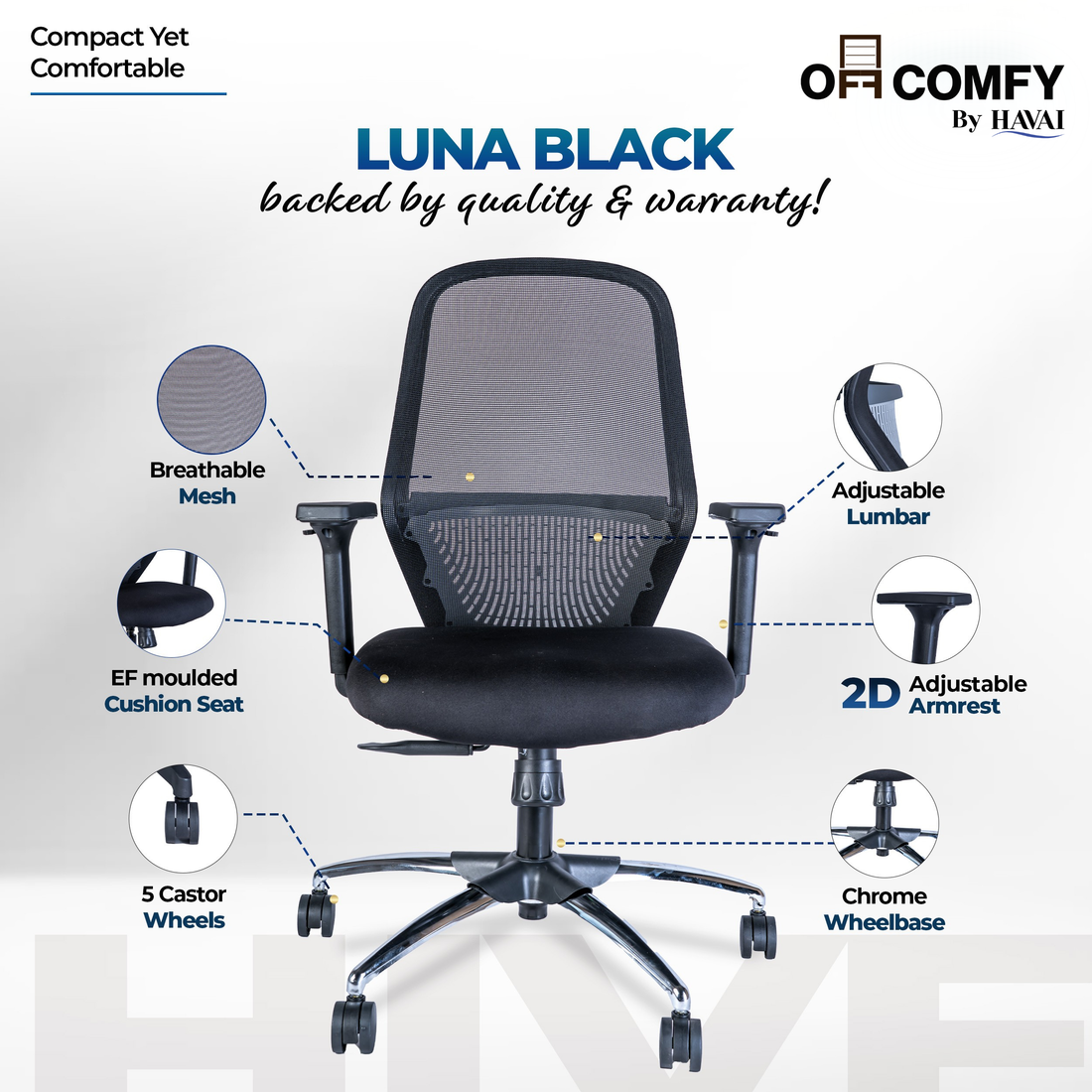 HAVAI Off-Comfy Luna Black Ergonomic Office Chair | Yuva Mesh Back | 2D Arms with TPU Pad | Synchro Tilt with Lock | Class 4 Samhongsa Gaslift | Claw Chrome Base | 60mm Castors(Black)