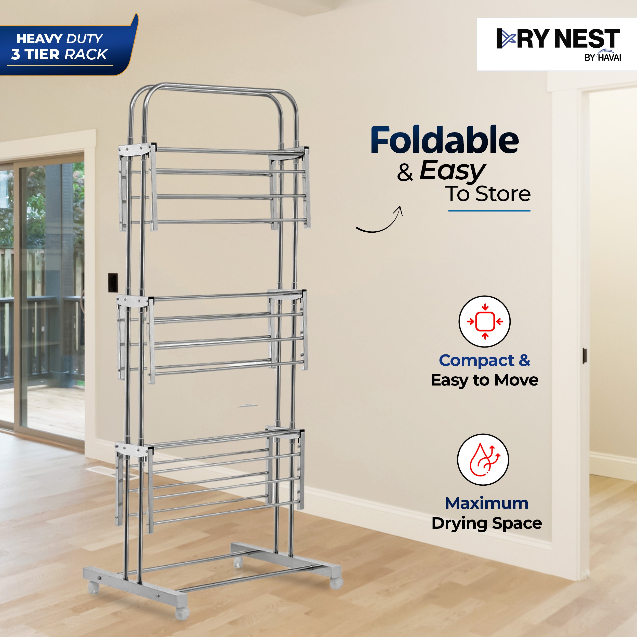DryNest By HAVAI – Heavy Duty 3-Tier Foldable Cloth Drying Stand | Stainless Steel Rack for Indoor & Outdoor Use | Portable Clothes Stand for Balcony & Home Drying