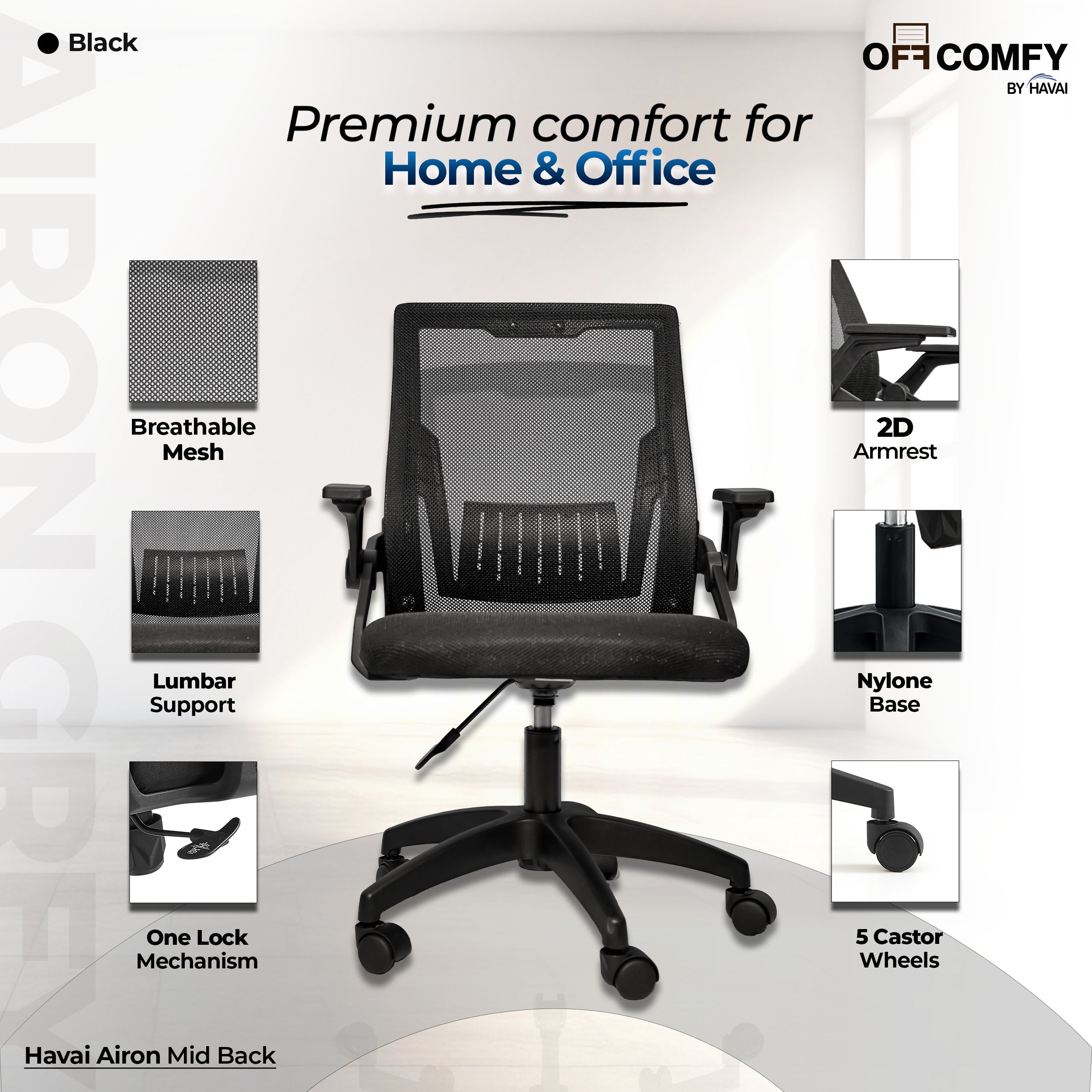 HAVAI Airon Ergonomic Office Chair with Mesh Back | Executive Computer Chair with Reclining & Folding Function | Nylon Armrests | Class 2 Gas Lift | Plywood Base Support | Grey Seat | WFH & Office Use | (Black)