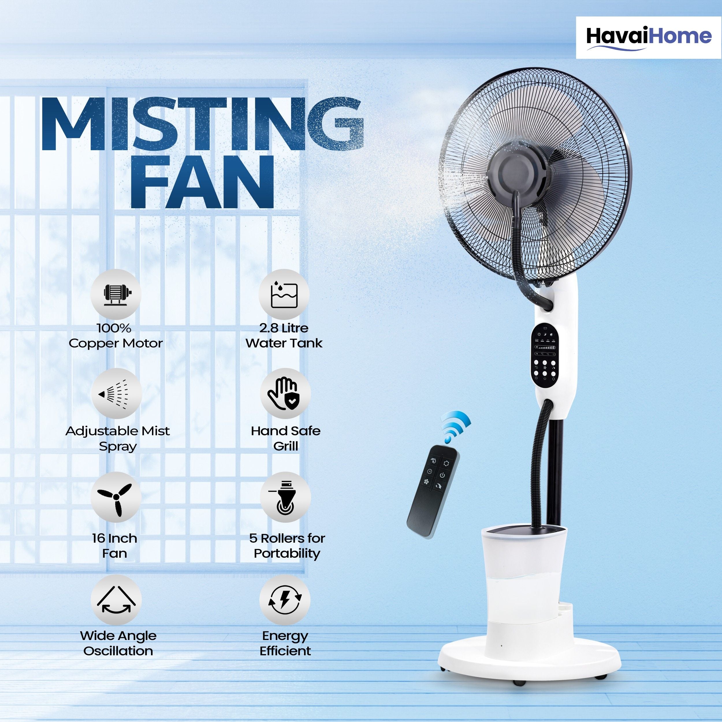 Blu Mist Pedestal Fan – 16" Residential Mist Fan | Remote Control | 2.8 Litre Tank | Installation Included (White, Pack of 1)