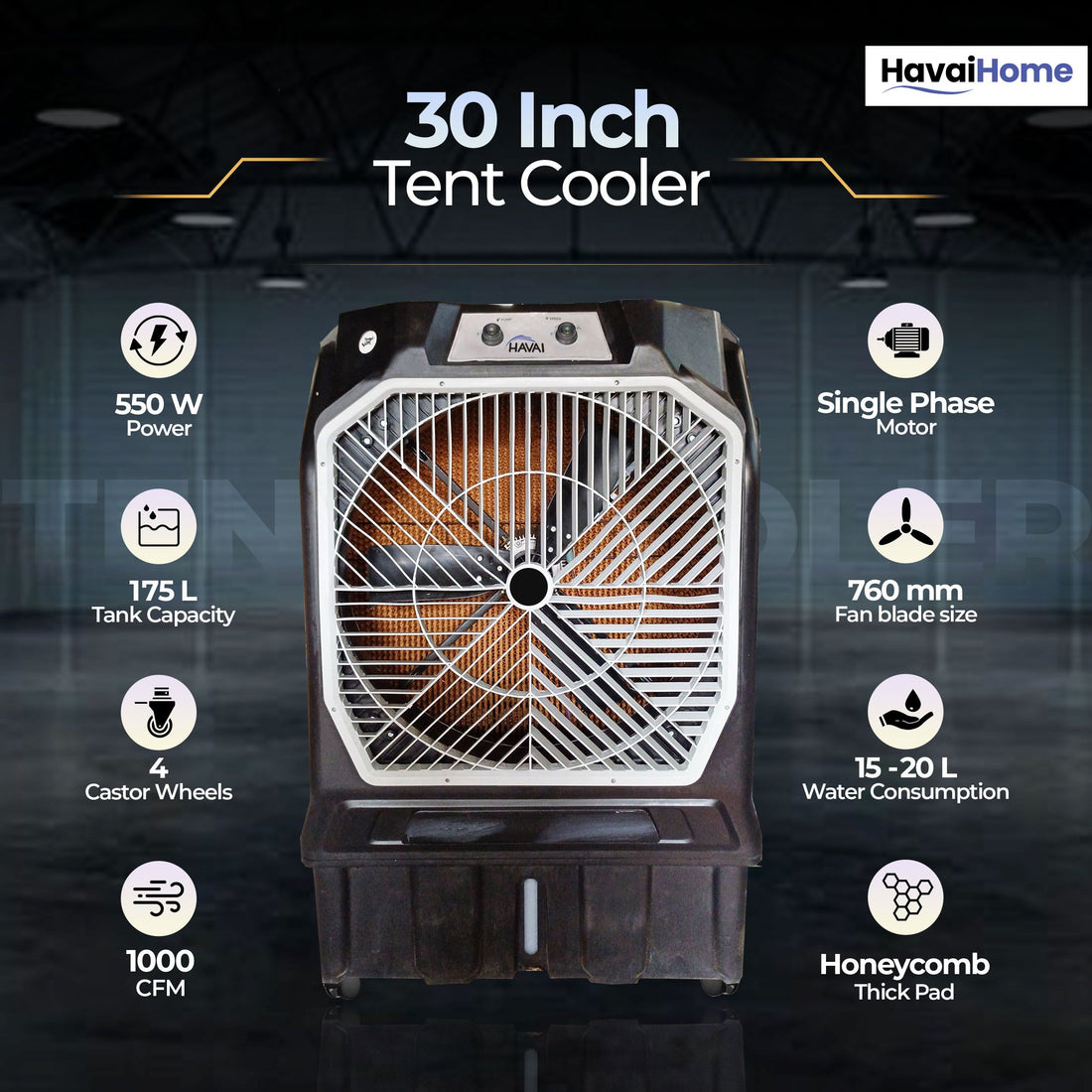 Thunder 200 Tent Cooler | 30-Inch Heavy-Duty 3-Leaf Blade | 10,000 m³/hr Air Delivery | 175 Litre Water Tank | 550W Powerful Motor | Single-Phase Aluminium Winding Motor|1-Year Warranty)