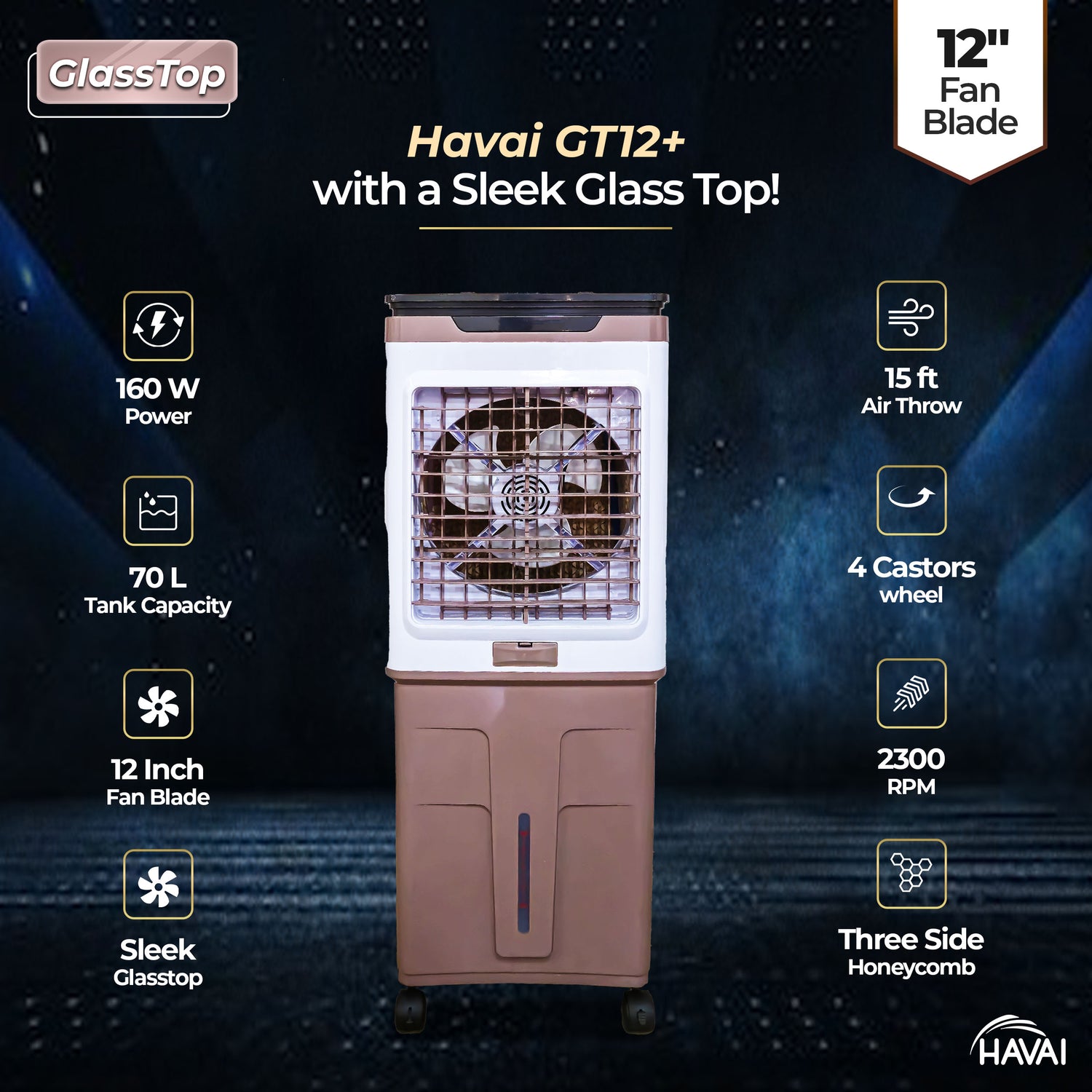 HAVAI Premium Glass Top GT 12+ | 12" Fan Blade | 70 Litre Tank Capacity | 160W Power | 15ft Air Throw | 3-Side Honeycomb Cooling | Sleek Glass Top Design | 4 Castor Wheels