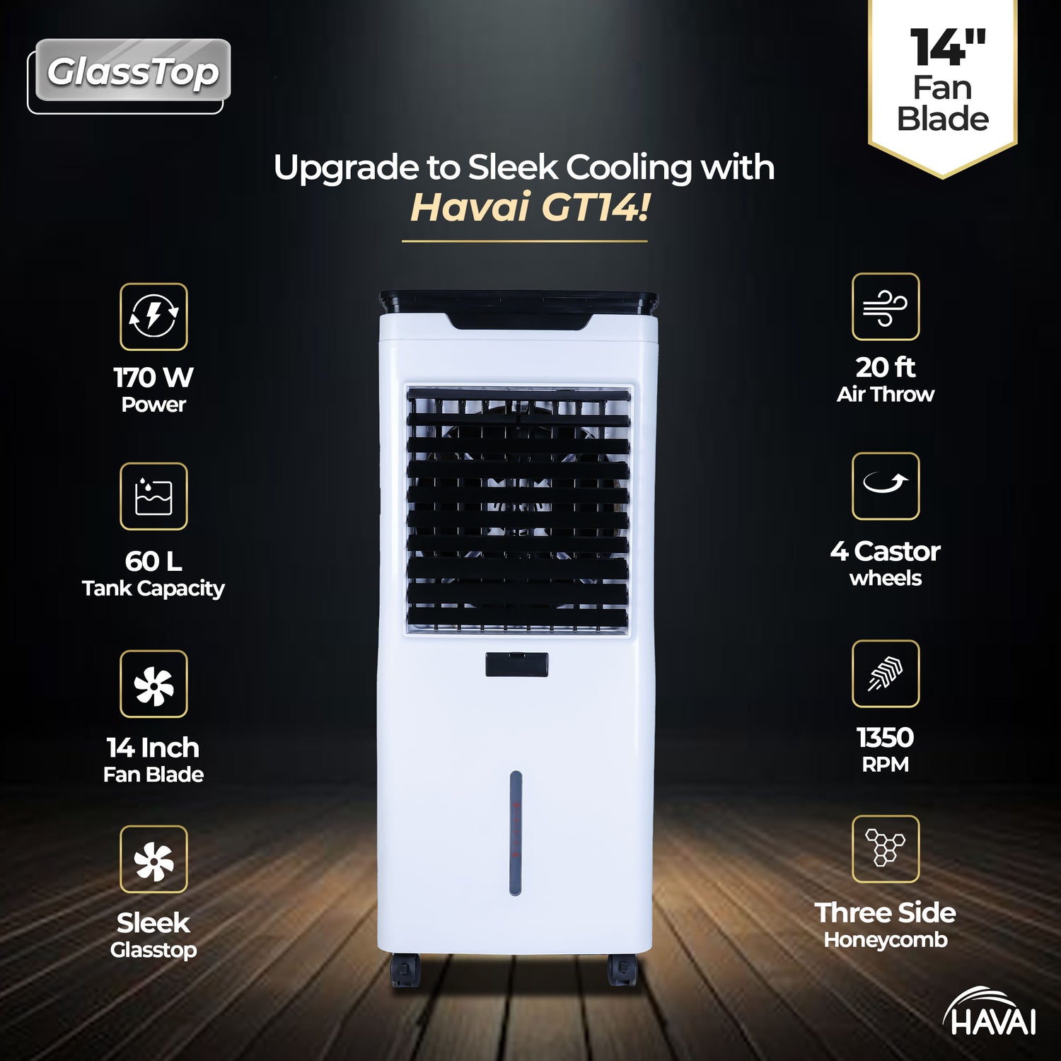 HAVAI Premium Glass Top GT 14 Air Cooler | 60L Tank Capacity | 14" Fan Blade | 170W Power | 20ft Air Throw | 3-Side Honeycomb Cooling | Sleek Glass Top Design | 4 Castor Wheels