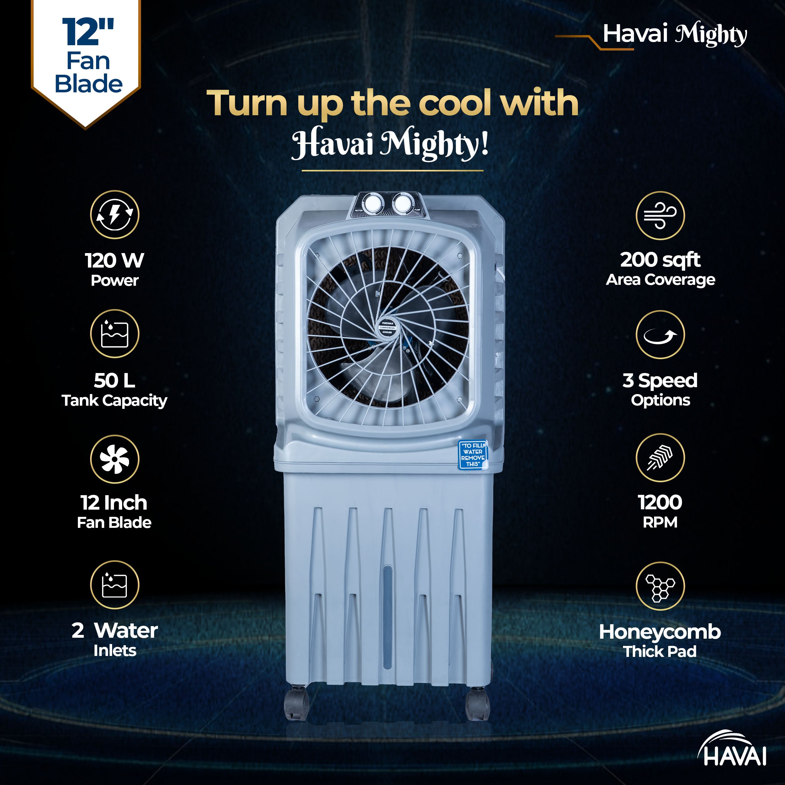 HAVAI Mighty 12 Personal Air Cooler | 12 inch Blade | 50L Tank Capacity, 120W Power, 200 Sq. Ft. Area Coverage | 15 Ft. Air Throw, 3-Speed Control, Grey