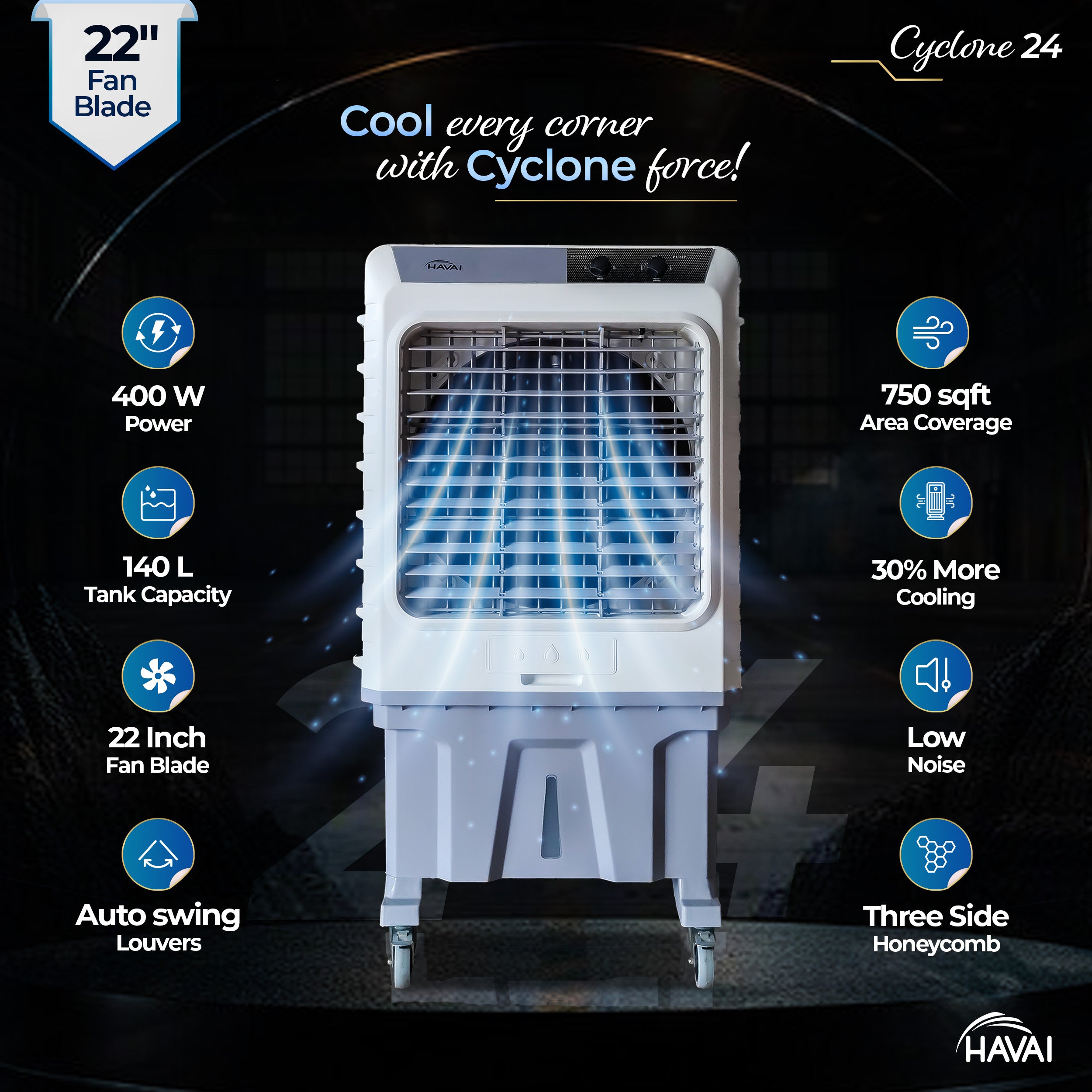 HAVAI Cyclone 24 Desert Air Cooler | 24" Fan Blade | 150L Tank Capacity | 400W High-Performance Cooling | 750 Sq. Ft. Coverage | Auto Swing | Three Side Honeycomb Pads | Lockable Wheels | Grey