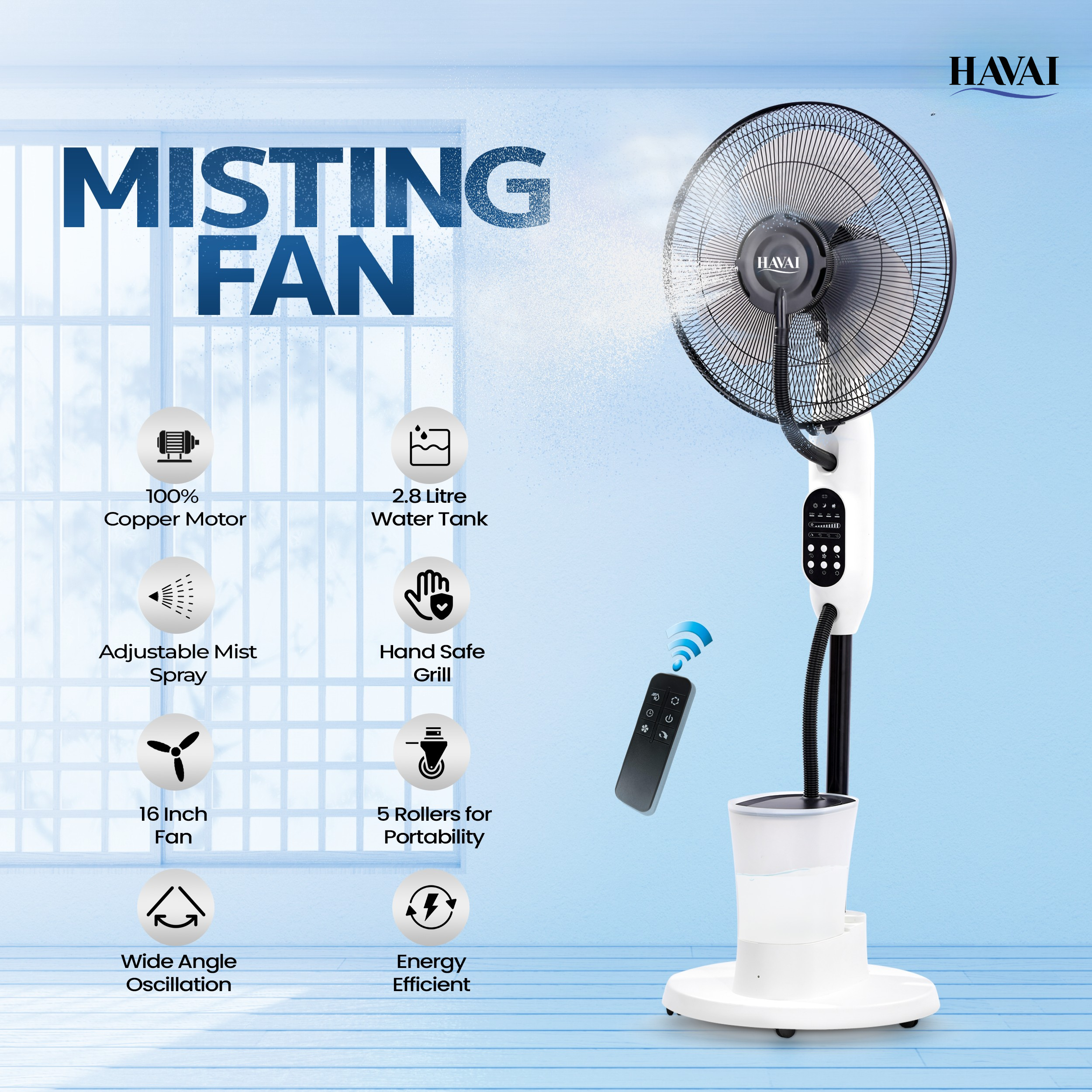 HAVAI Blu Mist Pedestal Fan – 16" Residential Mist Fan | Remote Control | 2.8 Litre Tank | Installation Included (White, Pack of 1)