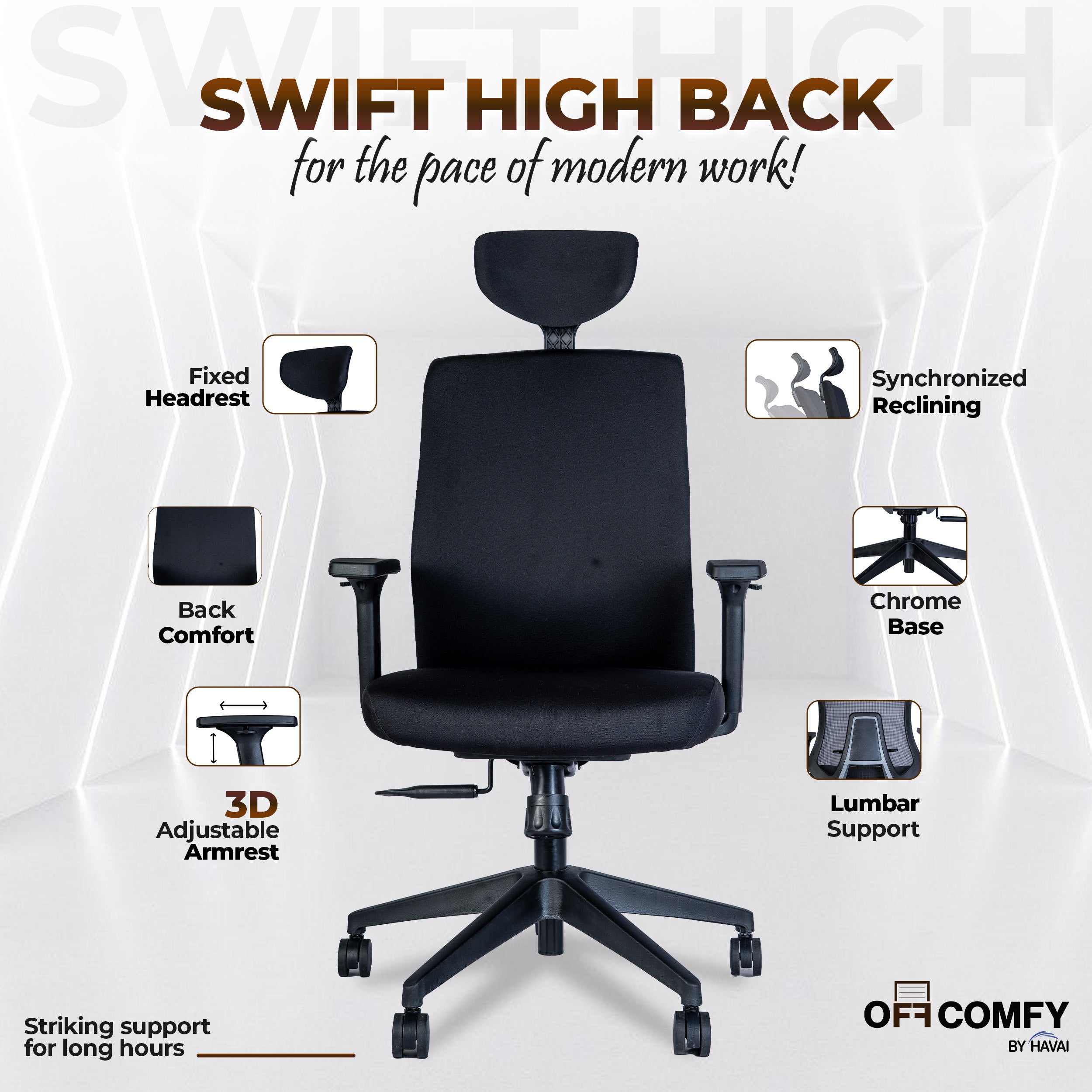 Off-Comfy by HAVAI Swift High Back Ergonomic Office Chair | Fixed Headrest | 3D Adjustable Armrest | Lumbar Support | Synchronized Recline | Chrome Base | Work from Home & Office Chair