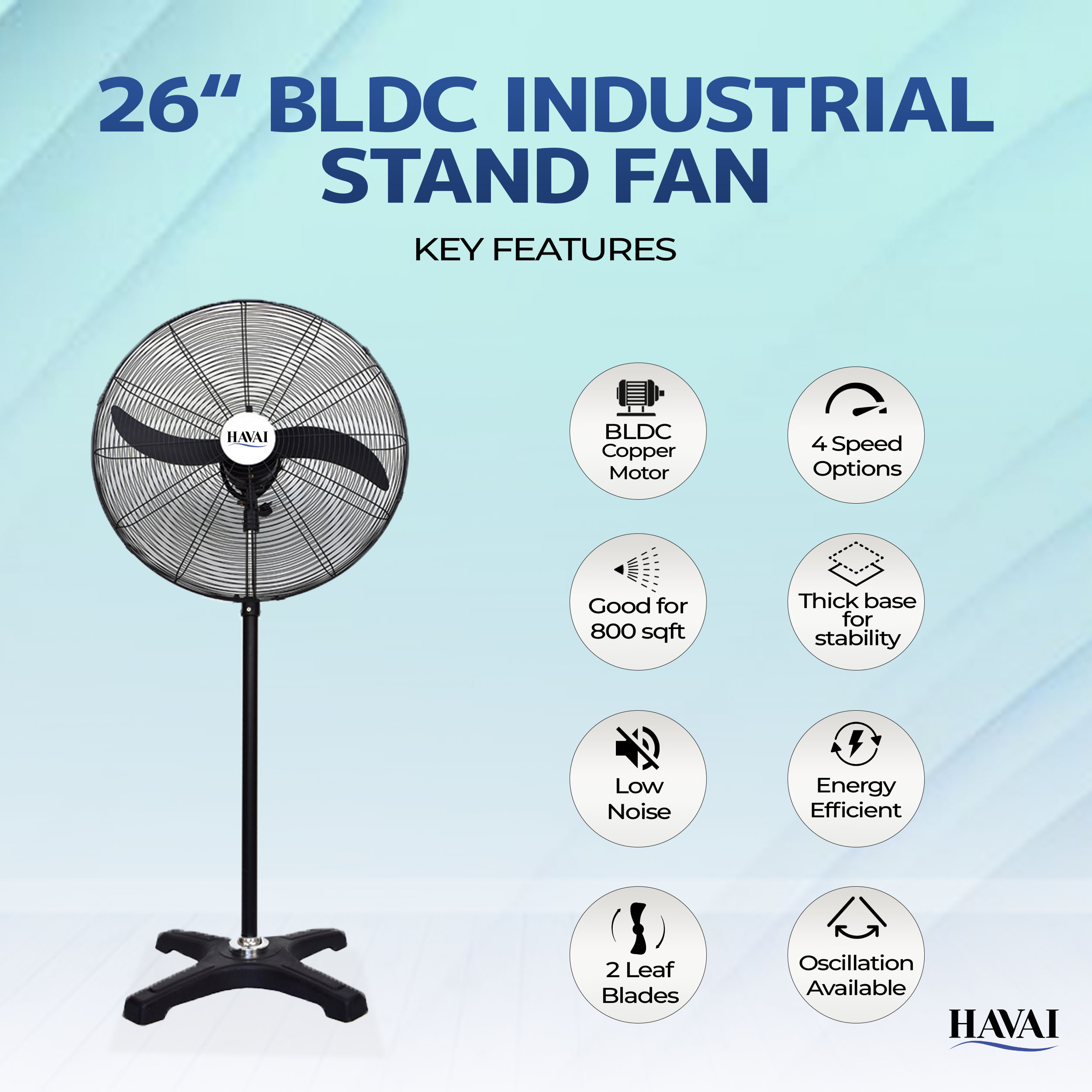 HAVAI BLDC Pedestal Fan 26 inch, 50% Savings on Electricity, High Velocity, Heavy Duty Metal for Industrial, Commercial and Residential Use, Assembly Included