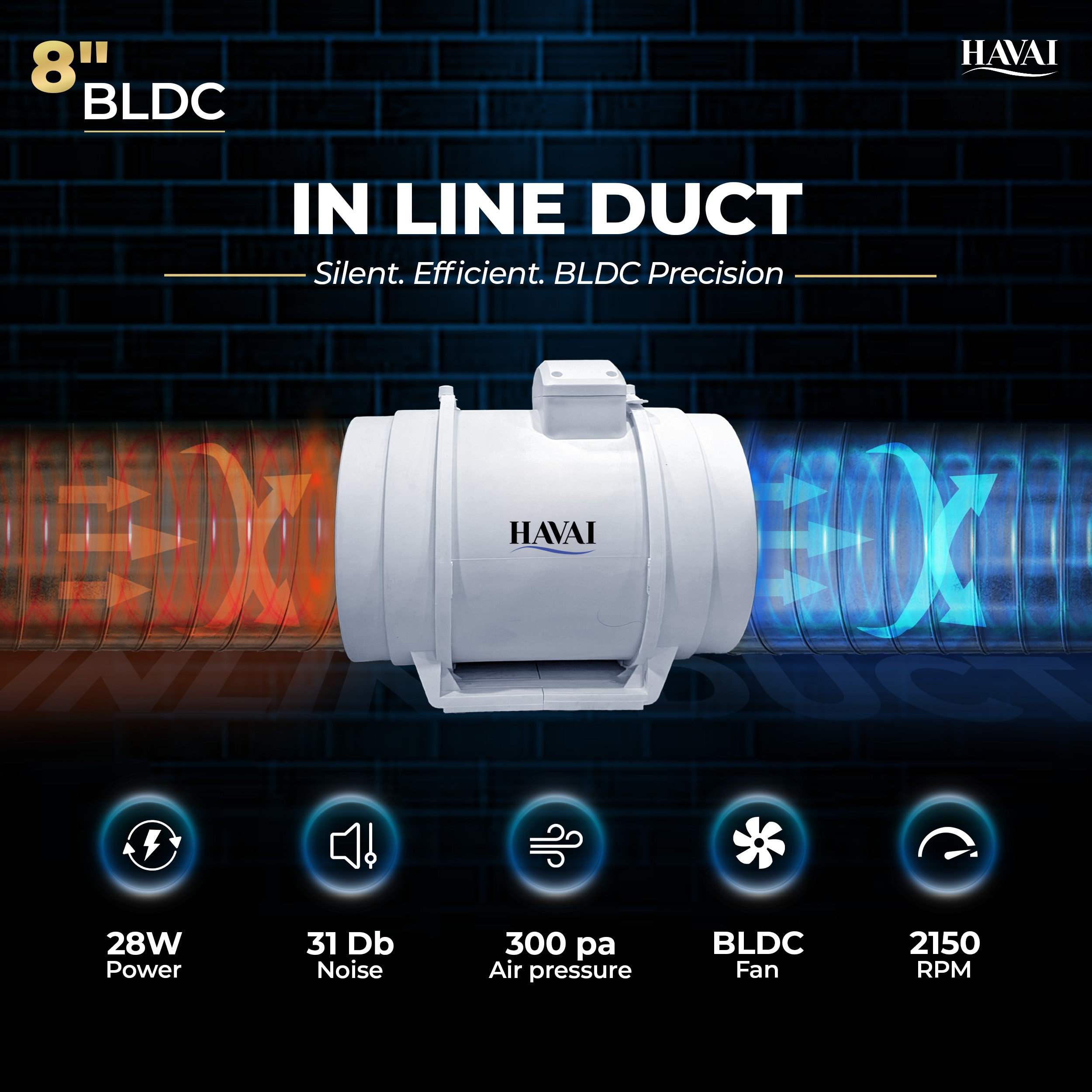 HAVAI BLDC Inline Duct Fan 8 Inch | 900 CMH Airflow | Energy-Saving 40W Exhaust Fan for Ventilation