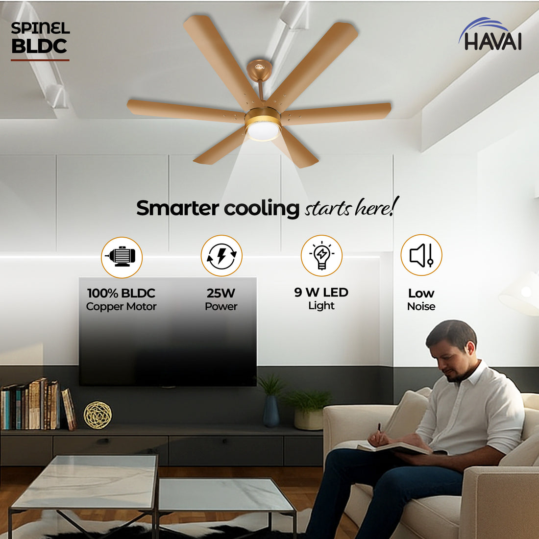 HAVAI Spinel BLDC Ceiling Fan with Decorative Ring | 1200mm, 6 Blades, 25W | Remote Control & 9W LED Light | 2 Years Warranty | Champagne Yellow