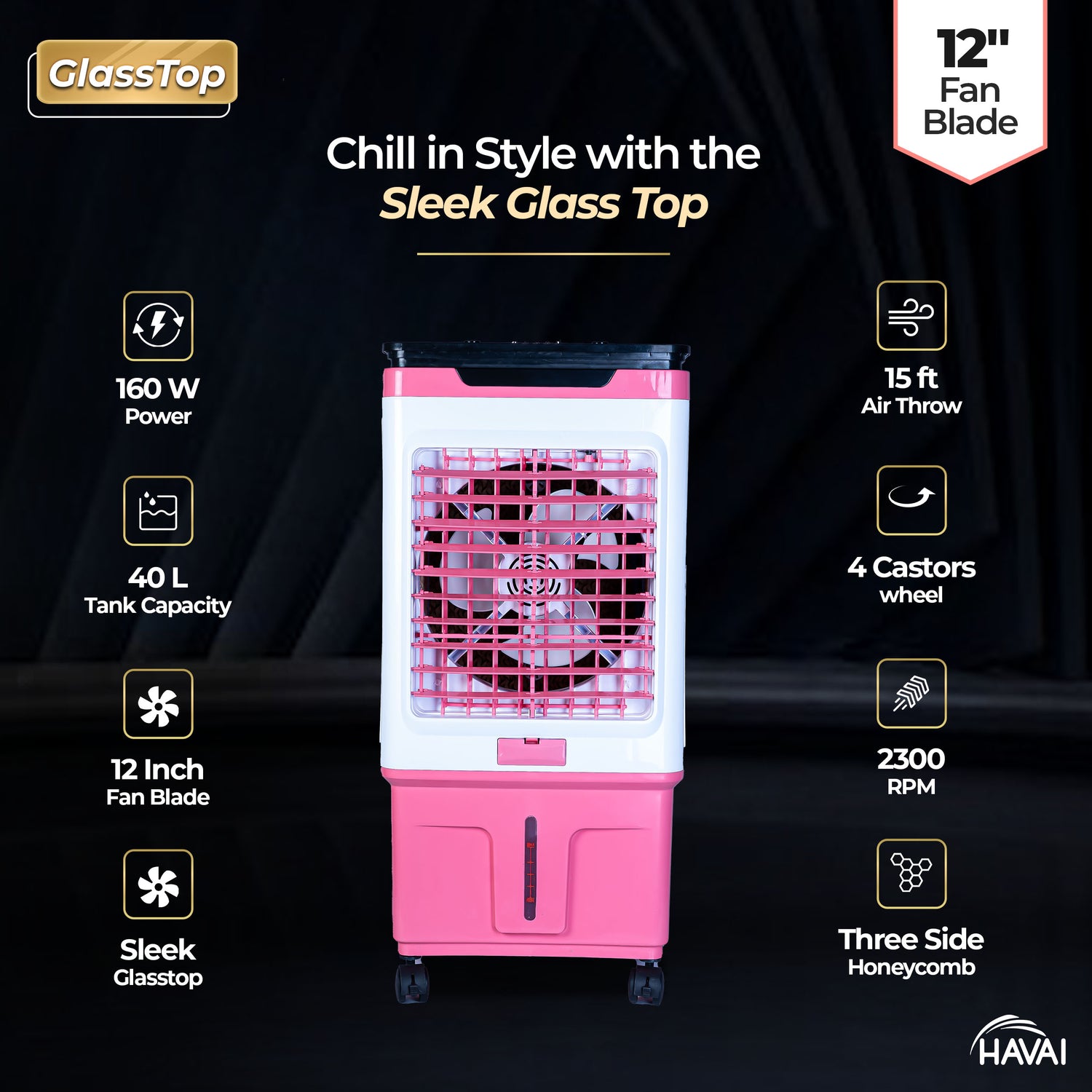 HAVAI Premium Glass Top GT 12 | 12" Fan Blade | 40 Litre Tank Capacity | 160W Power | 15ft Air Throw | 3-Side Honeycomb Cooling | Sleek Glass Top Design | 4 Castor Wheels (PINK)