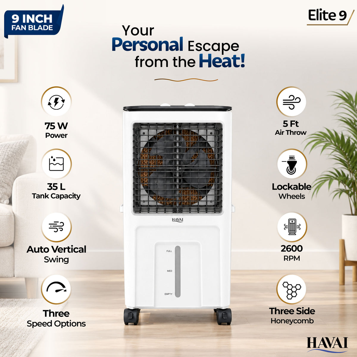 Havai Elite 9 Personal Air Cooler, 35L Tank, 3-Side Honeycomb, Glass Top 9-inch blade, 1800 CMH, 5-ft air throw, 75W power