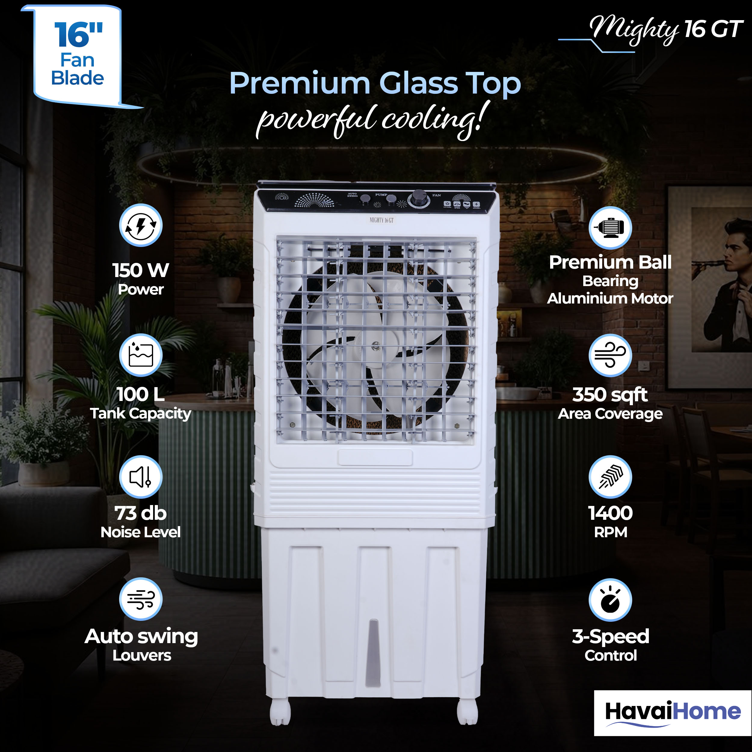 HAVAI Mighty 16 GT Glass Top Desert Air Cooler for Home & Commercial Use | 16 Inch Fan, 100L Tank, 5190 m³/hr Air Delivery | 350 Sq Ft Coverage | Honeycomb Pads, Aluminium Motor, Low Noise | White & Grey