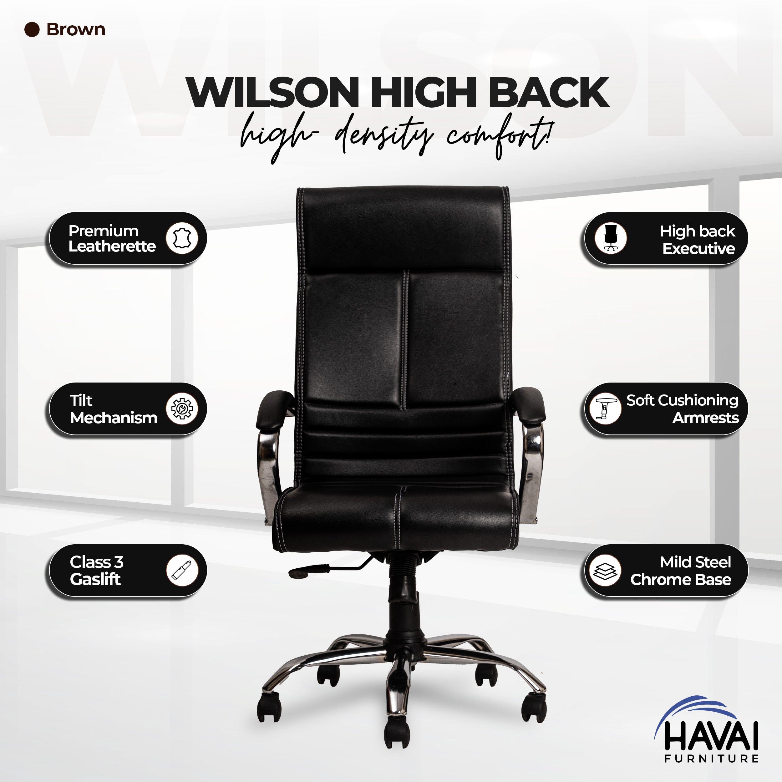 HAVAI Nova High Back Office Chair | Premium Leather | Ergonomic Executive Chair with Single Lock Tilt Mechanism | Chrome Steel Base & Arms | Class 4 Gaslift | 50mm Casters | High-Density Cushioned Seat & Back (Black)