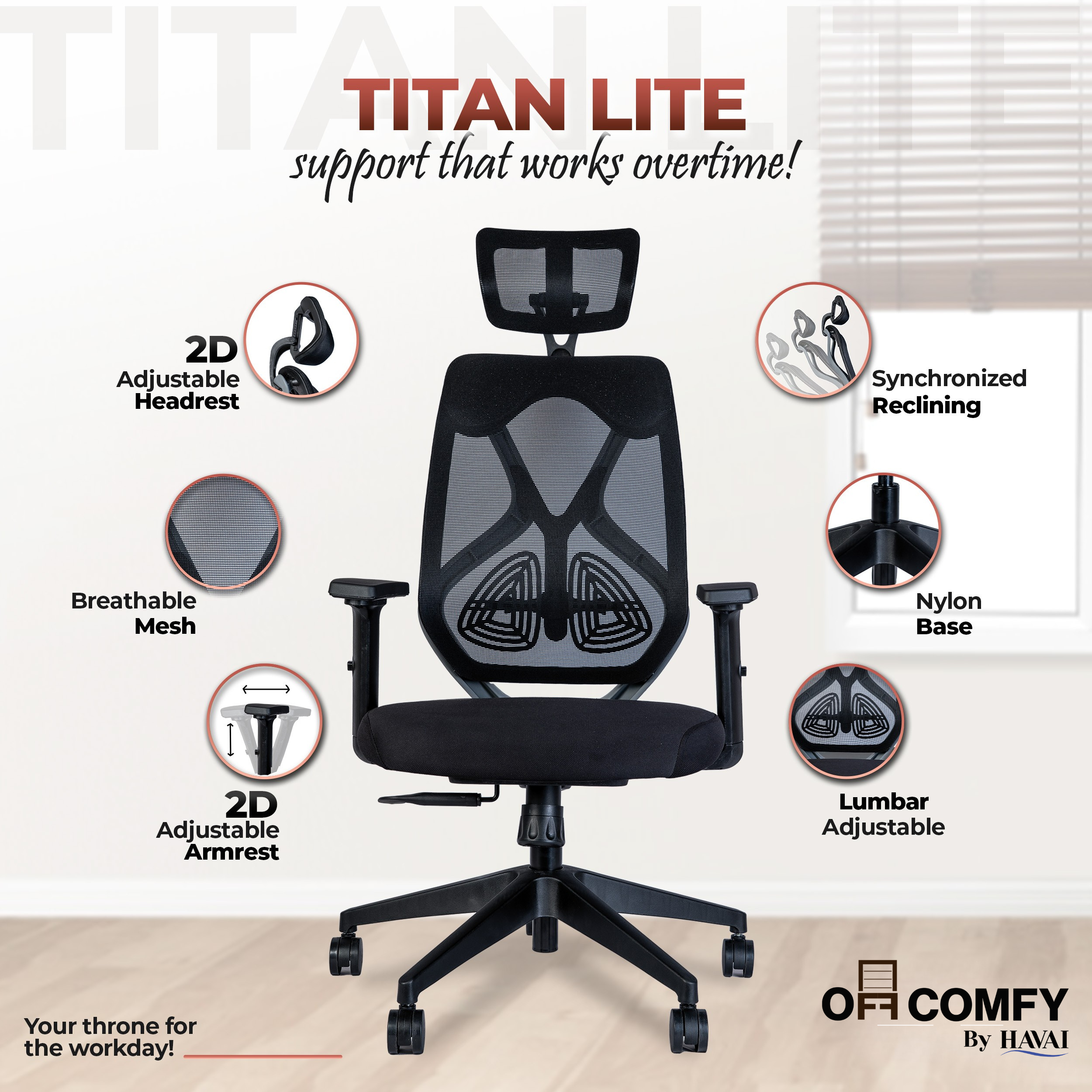 Off Comfy by HAVAI - Titan Lite Black Chair | Korean Mesh | 2D Arms | Lumbar | Seat Slider | Gaslift | Chrome Base | 60mm Castors