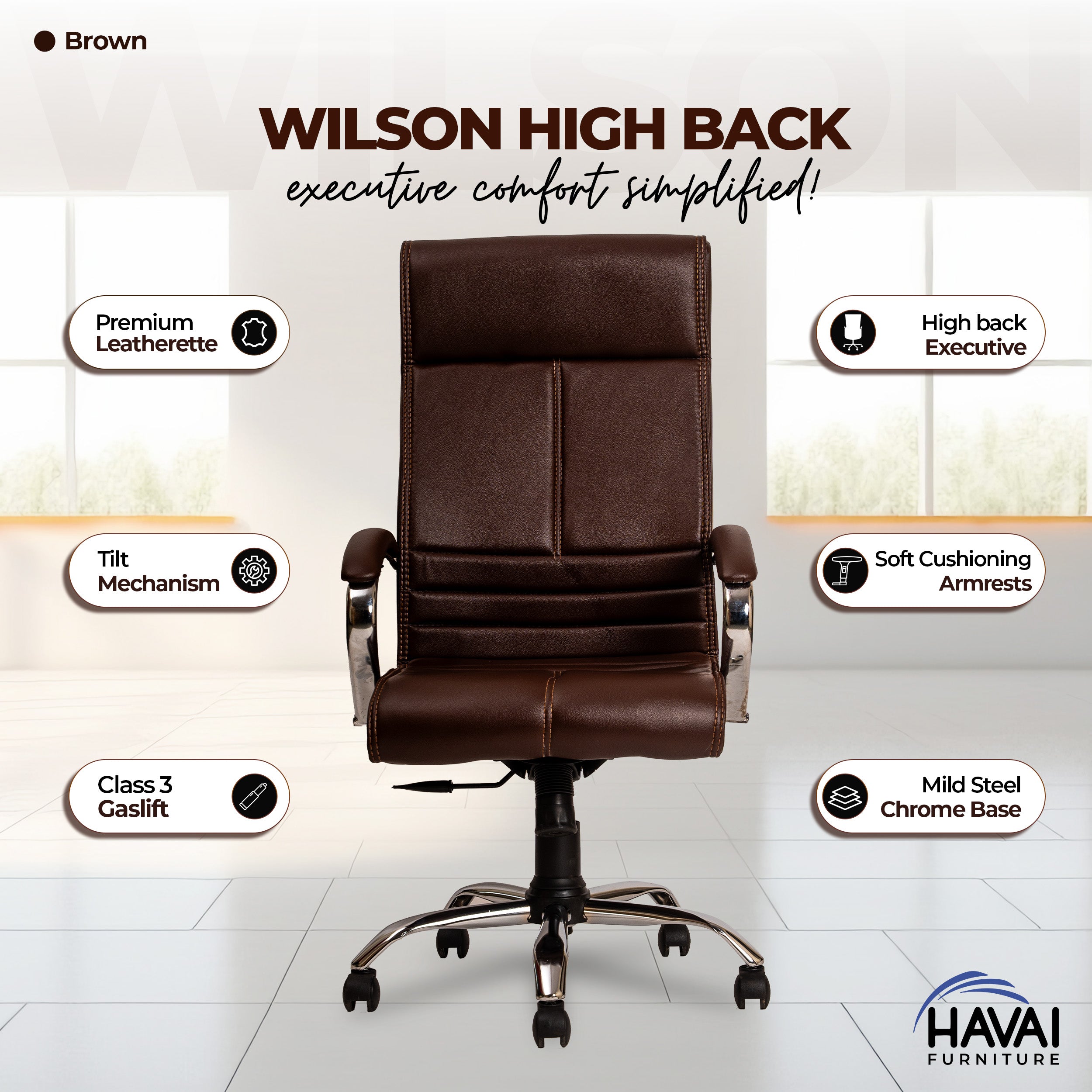 HAVAI Nova High Back Office Chair | Premium Leather | Ergonomic Executive Chair with Single Lock Tilt Mechanism | Chrome Steel Base & Arms | Class 4 Gaslift | 50mm Casters | High-Density Cushioned Seat & Back (Brown)