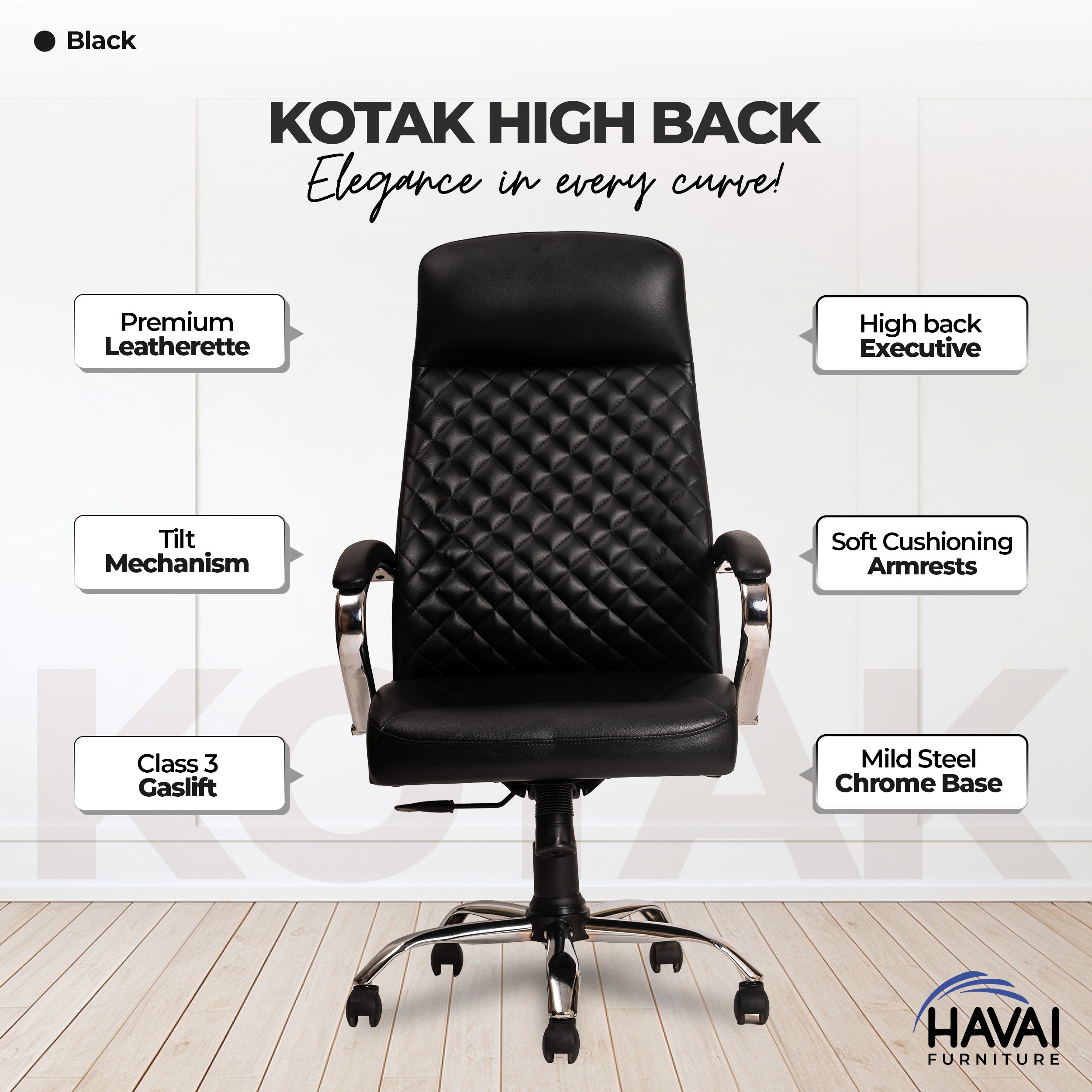 HAVAI Prime High Back Office Chair | Ergonomic Executive Chair | Premium Leather | Single Lock Tilt Mechanism | Mild Steel Chrome Base & Arms | Class 4 Gaslift | 50mm Casters | High-Density Back & Seat Cushion (Black)