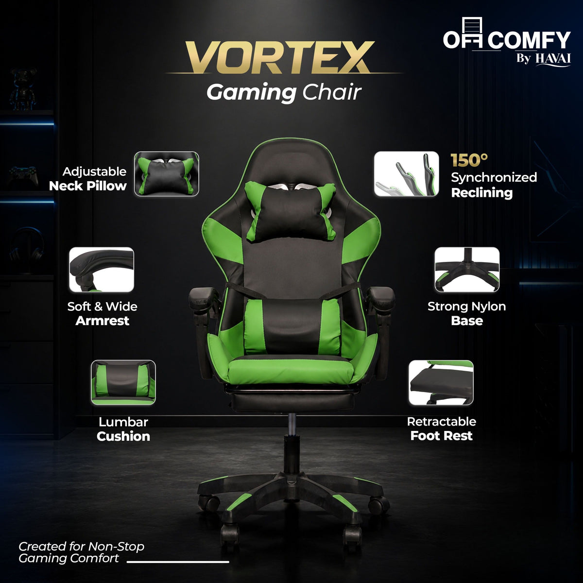 HAVAI Vortex GREEN Gaming Chair | Ergonomic High Back Computer Chair with Linkage Armrests | Reclining & Folding Backrest | Premium 0.55mm PVC Upholstery | High Density Foam Cushion | Class 1 Gas Lift | 320mm Nylon Base | (Green & Black)