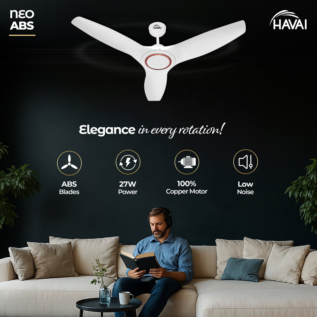 HAVAI Pristine Neo ABS Blade Ceiling Fan | 1200mm, 3 Blades, 27W | Remote Control | 2 Year Warranty | Pearl White