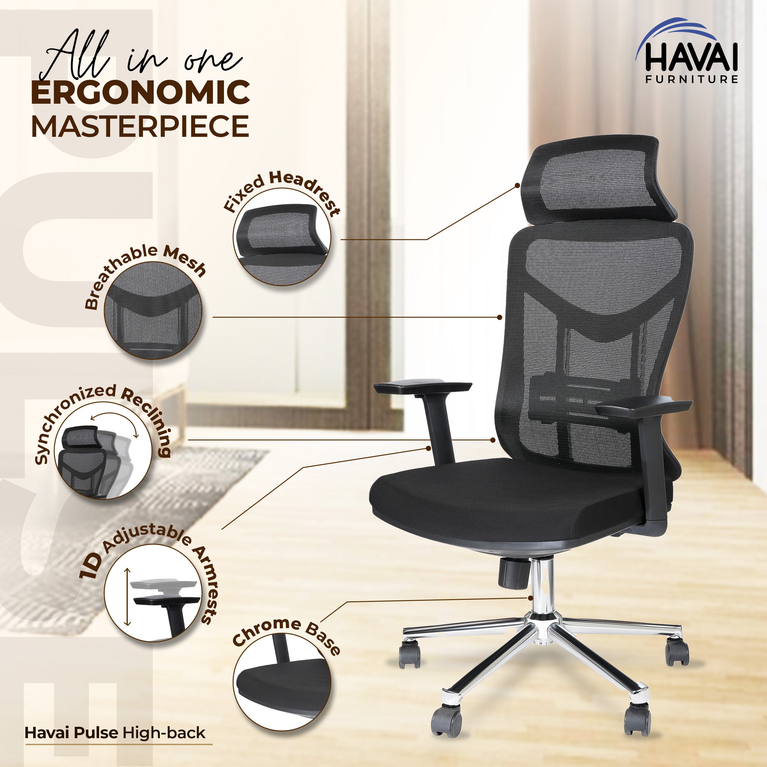 HAVAI Pulse High Back Ergonomic Mesh Office Chair | Multi-Lock Tilt Mechanism | Chrome Base| Breathable Mesh Back | Fixed Headrest (Black)