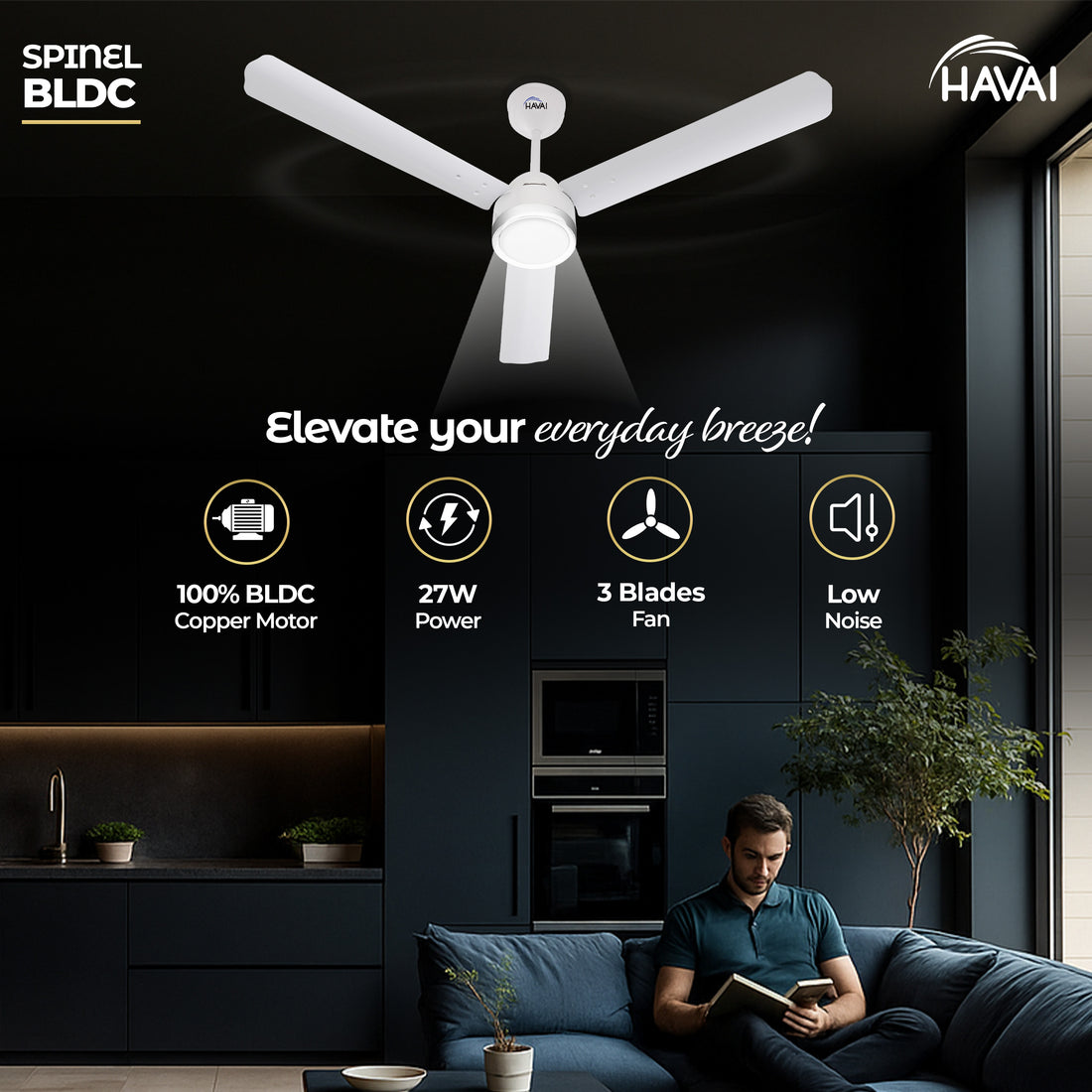 HAVAI Spinel BLDC Ceiling Fan with Decorative Ring | 1200mm, 3 Blades, 27W | Remote Control & 9W LED Light | 2 Years Warranty | Pearl White