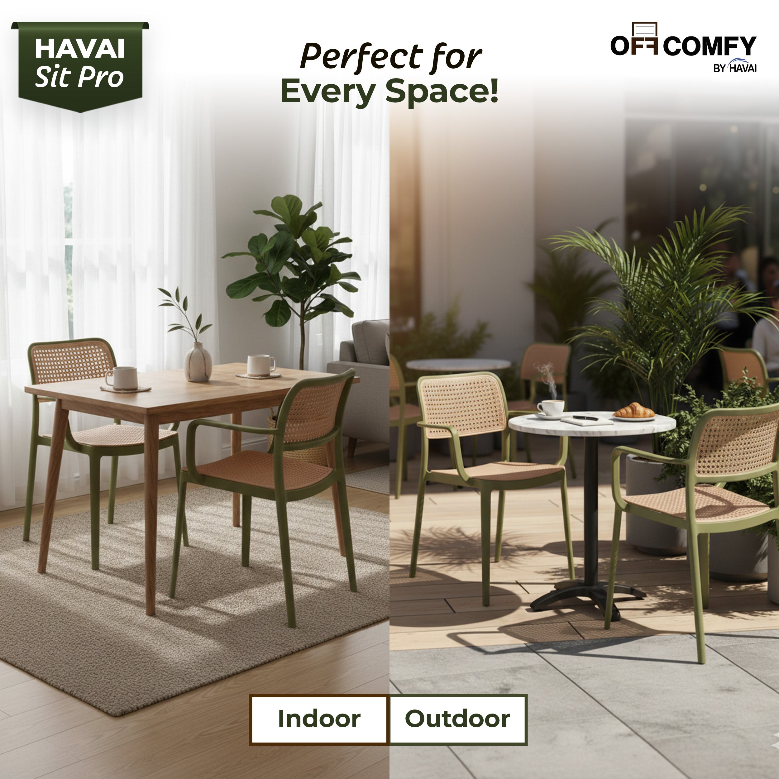 HAVAI SitPro Premium Plastic Chair for Home, Office & Café | Modern Ergonomic Design | Heavy-Duty Reinforced Frame | Indoor & Outdoor Use | Stackable | Pack of 2 | 1-Year Warranty | Made in India