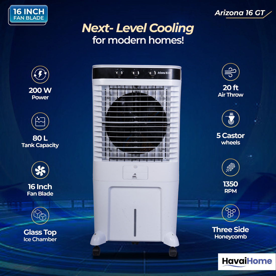 HAVAI Arizona 16 GT Desert Air Cooler | 80L Tank | 16” Aerodynamic Fan | 3-Side Thick Honeycomb | Glass Top with Ice Chamber | Smart Dust-Filter Inlet | 5 Castors | 3300 m³/hr | 1 Year On-Site Warranty