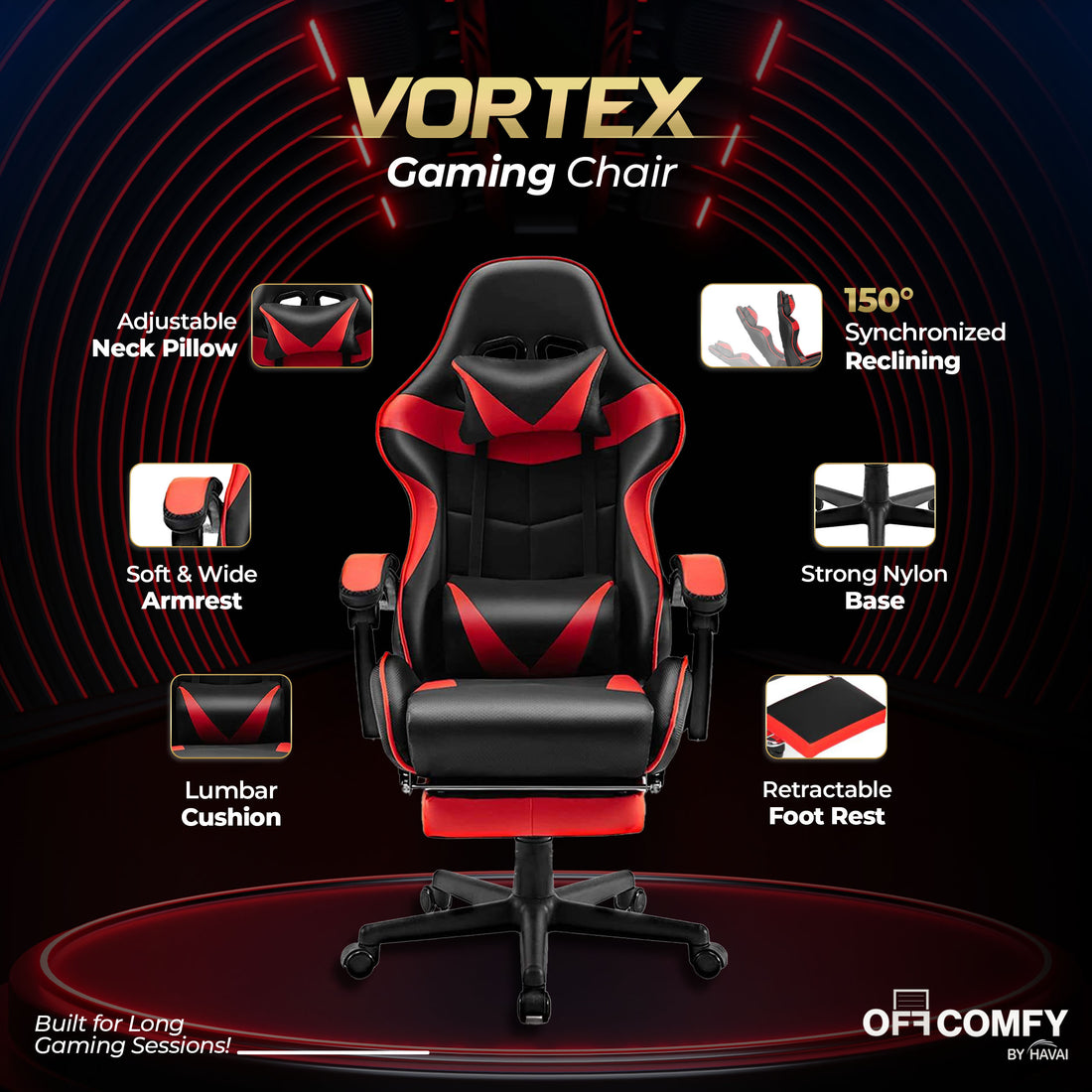 HAVAI Vortex Red Gaming Chair | Ergonomic High Back Computer Chair with Linkage Armrests | Reclining & Folding Backrest | Premium 0.55mm PVC Upholstery | High Density Foam Cushion | Class 1 Gas Lift | 320mm Nylon Base | Heavy Duty Wheels | (Red & Black)