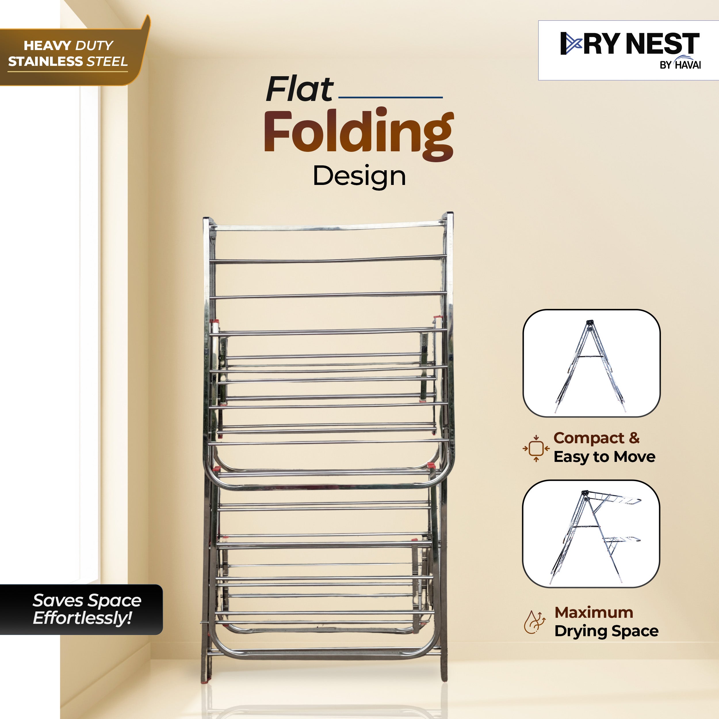 DryNest By HAVAI – Foldable Cloth Drying Stand | Double Zig-Zag Stainless Steel Dryer Rack | Space-Saving Design for Balcony, Indoor & Outdoor Use