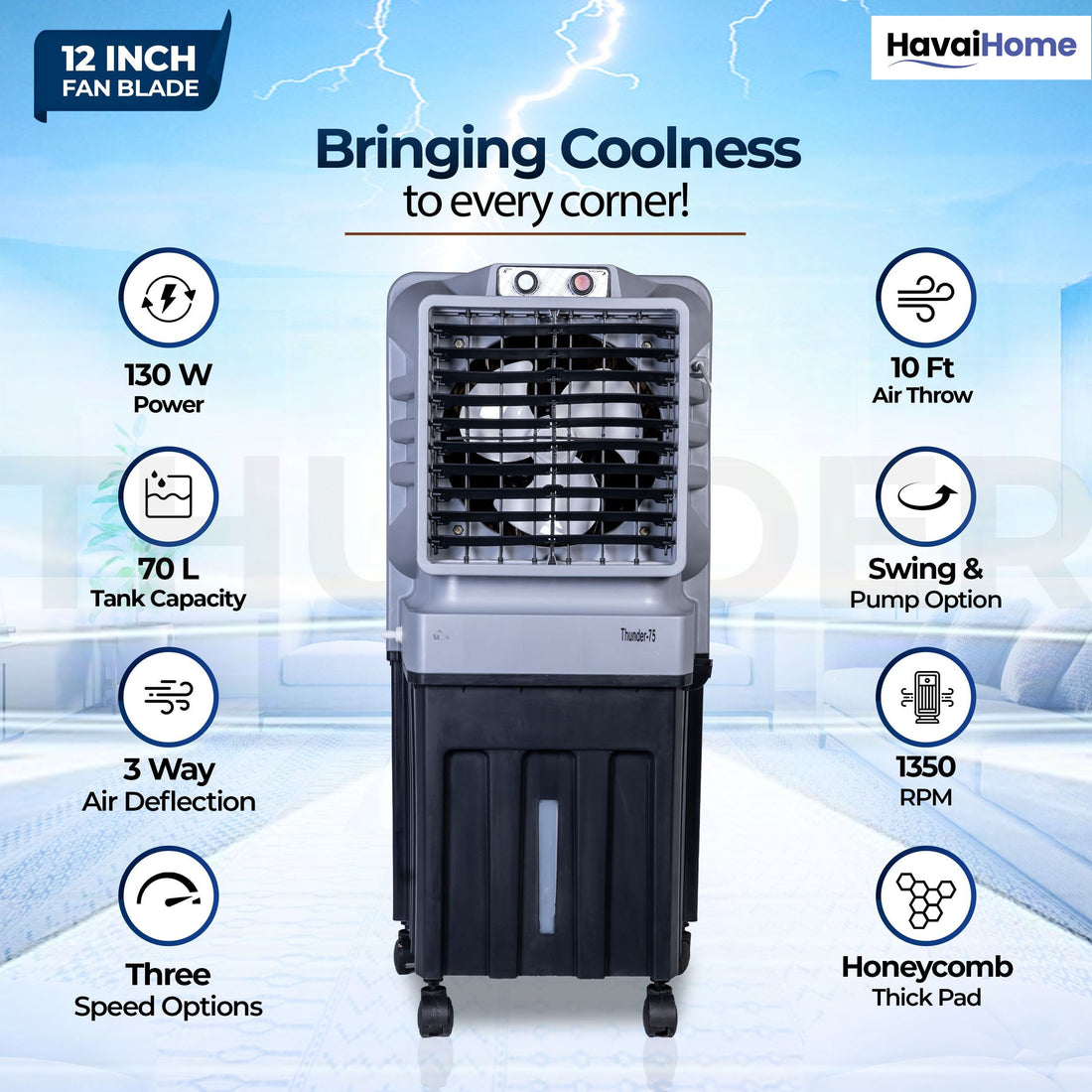 HAVAI Thunder-75 Tower Air Cooler | 70L Tank | 12″ Blade | Ideal for 150 sq ft Rooms | 130W Power | 10 ft Air Throw | 1350 RPM | Auto-Louver | 3-Speed | 1-Year On-Site Motor Warranty (Black & Grey)