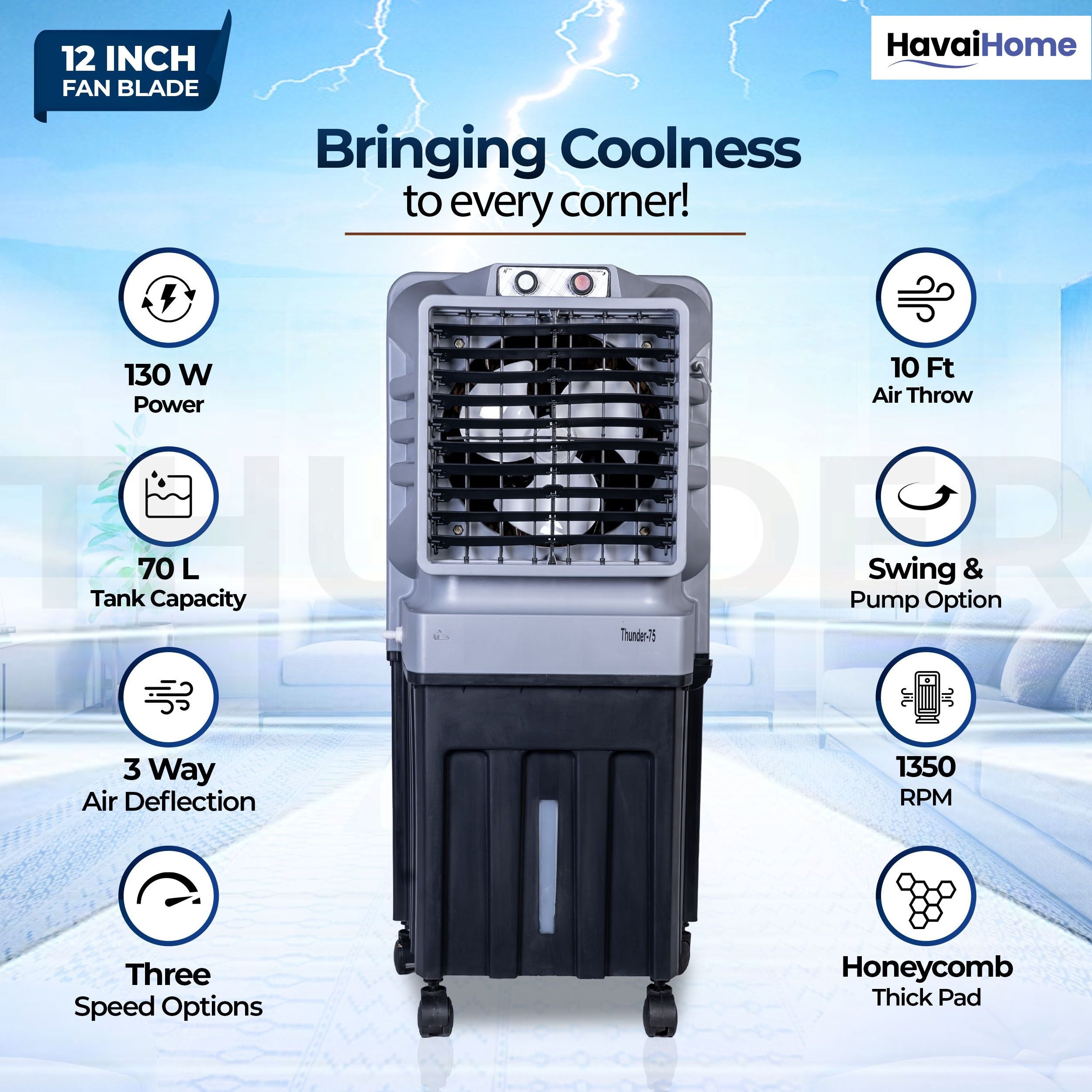 HAVAI Thunder-75 Tower Air Cooler | 70L Tank | 12″ Blade | Ideal for 150 sq ft Rooms | 130W Power | 10 ft Air Throw | 1350 RPM | Auto-Louver | 3-Speed | 1-Year On-Site Motor Warranty (Black & Grey)