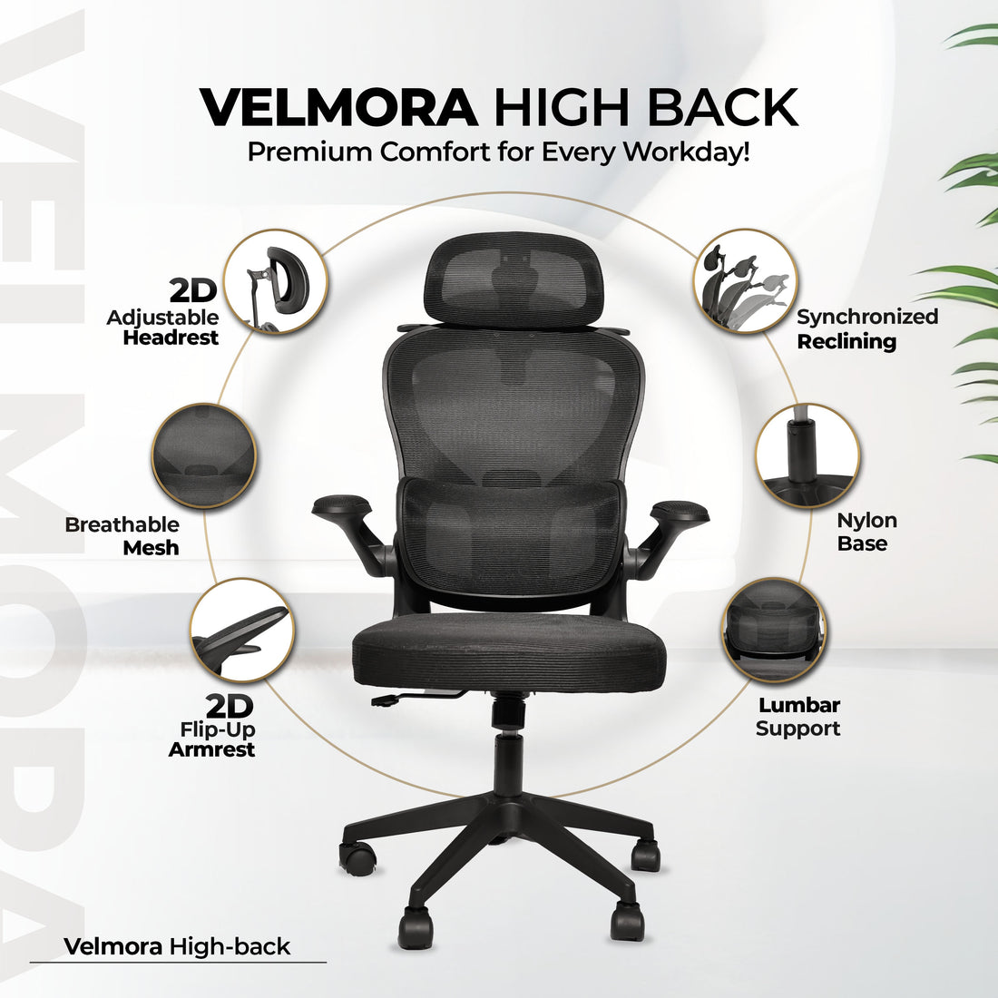 HAVAI Velmora Ergonomic Office Chair | High Back Mesh Chair with Reclining Mechanism, Adjustable Armrest, Headrest & Lumbar Support | Nylon Base & Wheels | Executive/WFH Chair (Black)