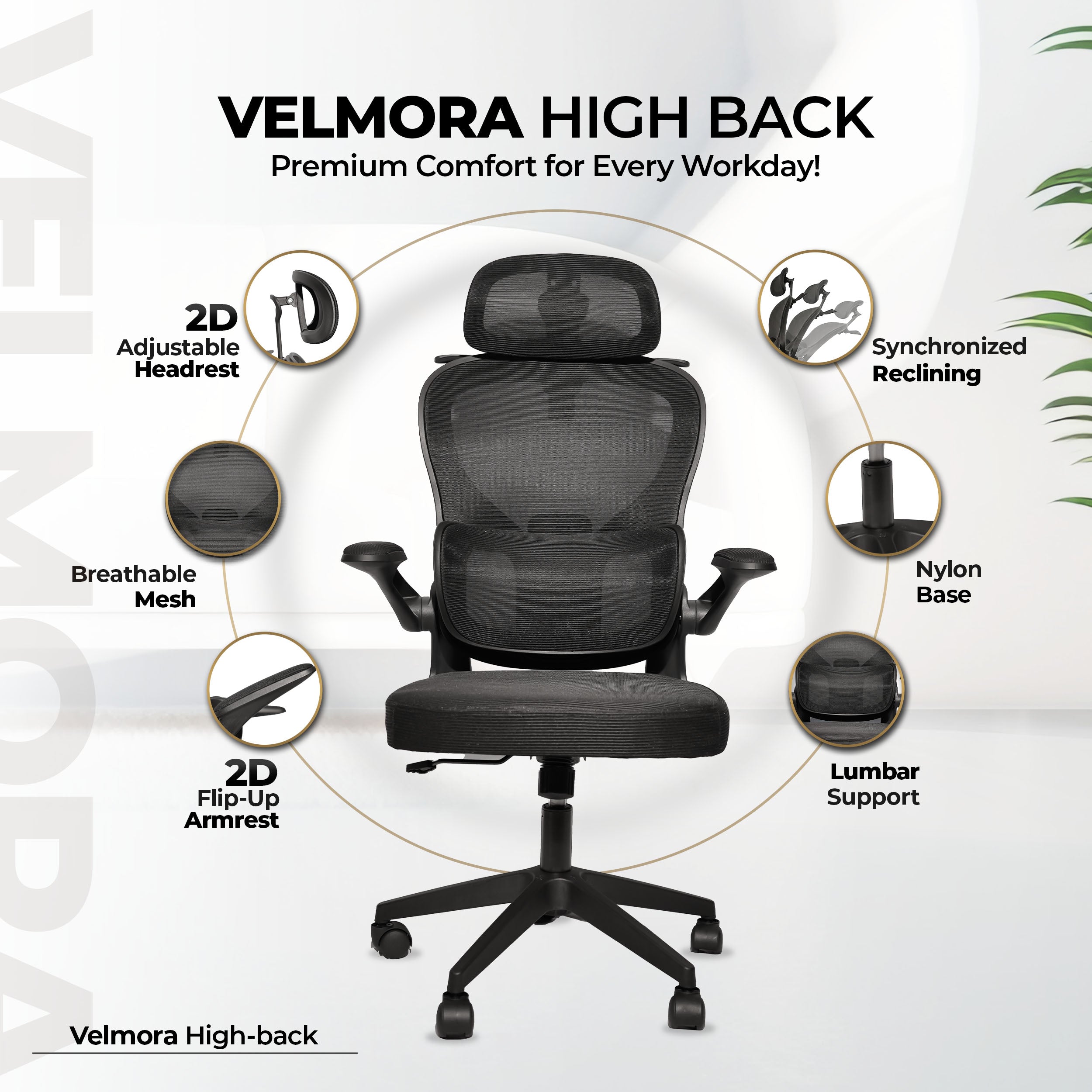 HAVAI Velmora Ergonomic Office Chair | High Back Mesh Chair with Reclining Mechanism, Adjustable Armrest, Headrest & Lumbar Support | Nylon Base & Wheels | Executive/WFH Chair (Black)