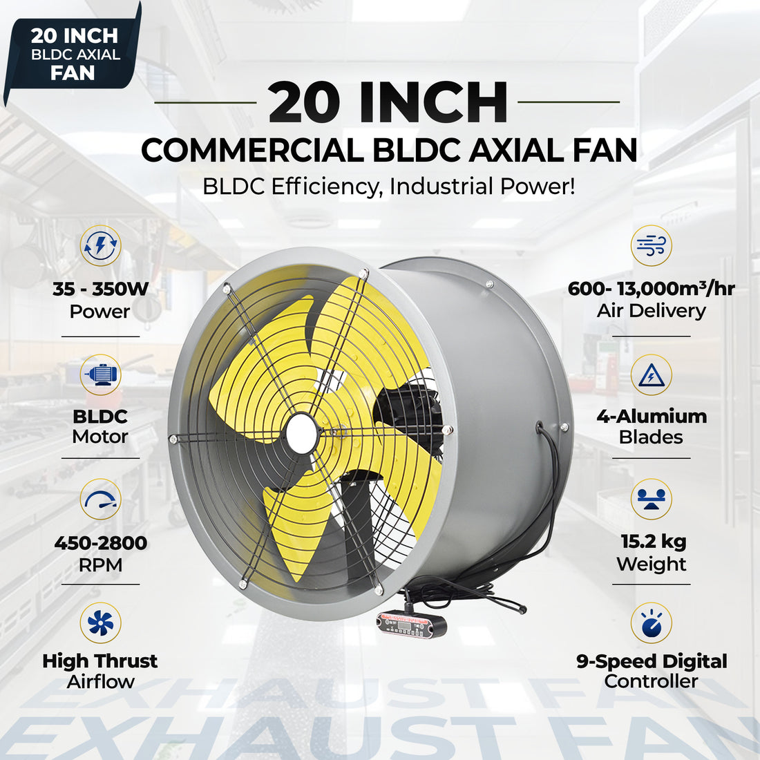 20-Inch Heavy Duty BLDC Axial Fan | Maintenance-Free BLDC Motor | 4-Leaf 2mm Aluminium Blades | 9-Speed Digital Controller | 600–13,000 m³/hr | 35W–350W | 2-Year Warranty