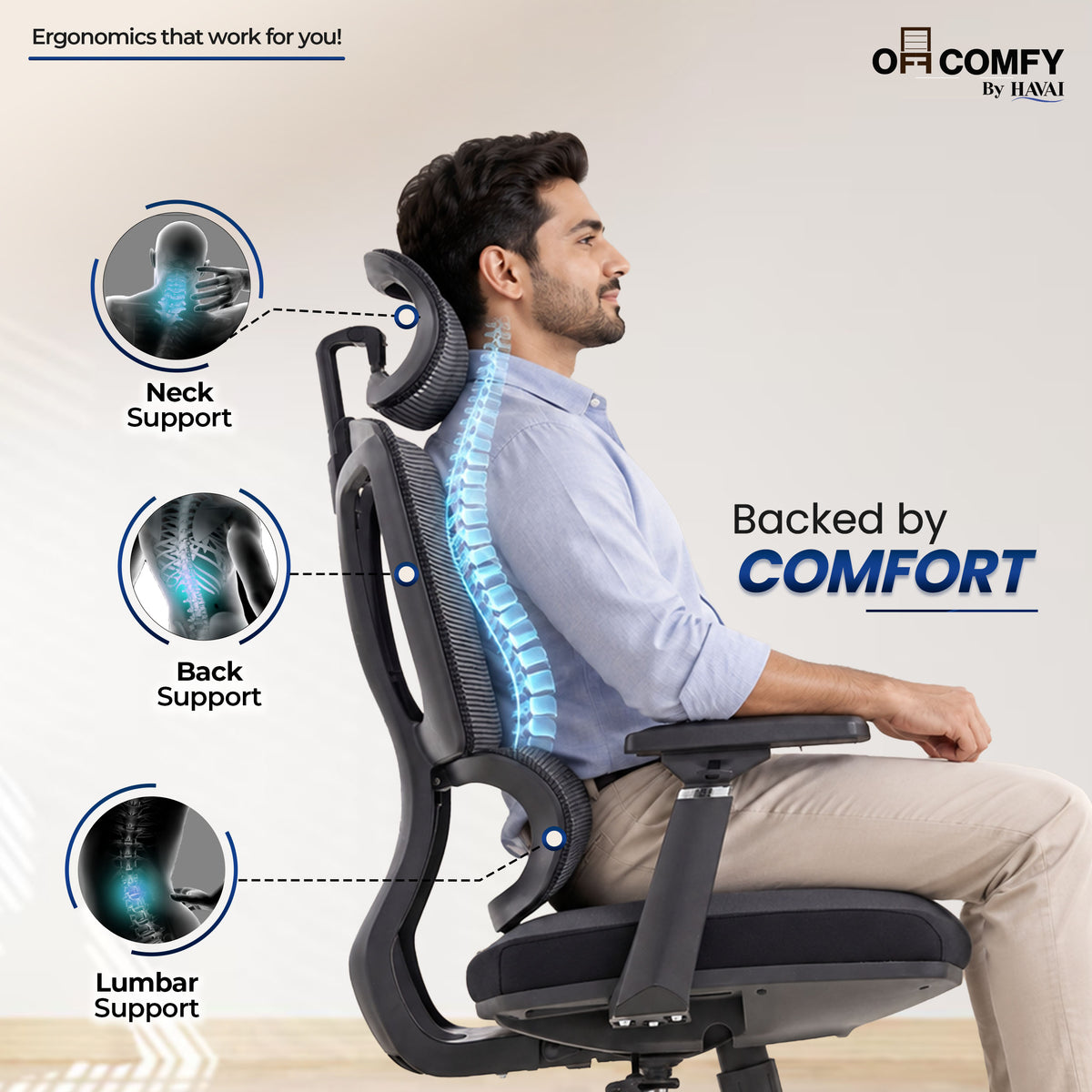 Havai AeroFlex High Back Office Chair | Ergonomic High Back Mesh | Adjustable Headrest | Lumbar Support | Reclining Function | Height Adjustable | 2D Adjustable Armrests | Comfortable Cushioned Seat | Chrome Five-Star Base | Smooth Rolling Casters | Black