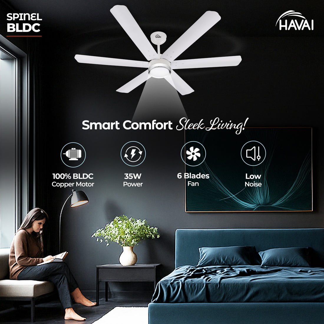 HAVAI Spinel BLDC Ceiling Fan with Decorative Ring | 1200mm, 6 Blades, 25W | Remote Control & 9W LED Light | 2 Years Warranty | Pearl White