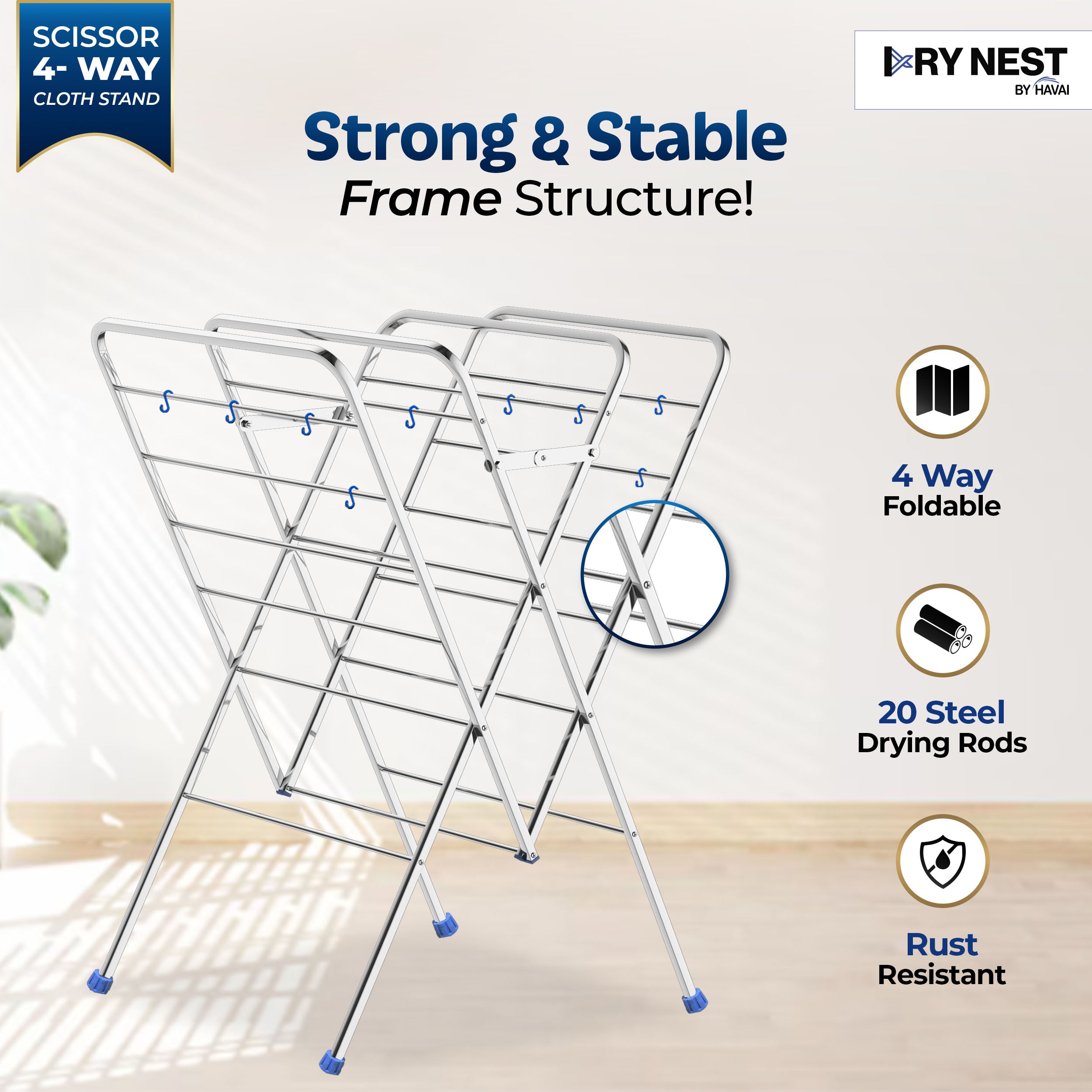 HAVAI DRY NEST 3kg Heavy Duty Premium Cloth Drying Stand | 4-Way Foldable Stainless Steel Clothes Dryer | 20 Rods with Hanger Hooks | 30kg Load Capacity | Strong & Stable | 2 Year Warranty