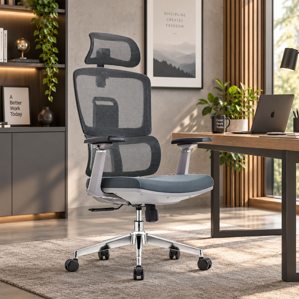 Havai AeroFlex High Back Office Chair | Ergonomic High Back Mesh | Adjustable Headrest | Lumbar Support | Reclining Function | Height Adjustable | 2D Adjustable Armrests | Comfortable Cushioned Seat | Chrome Five-Star Base | Smooth Rolling Casters | Grey