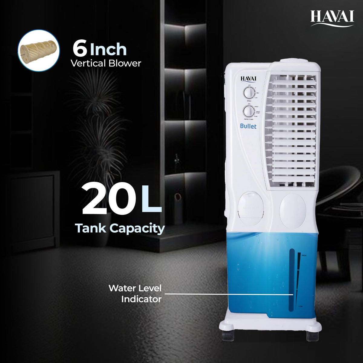 HAVAI Bullet Tower Air Cooler - 20 Liter, White