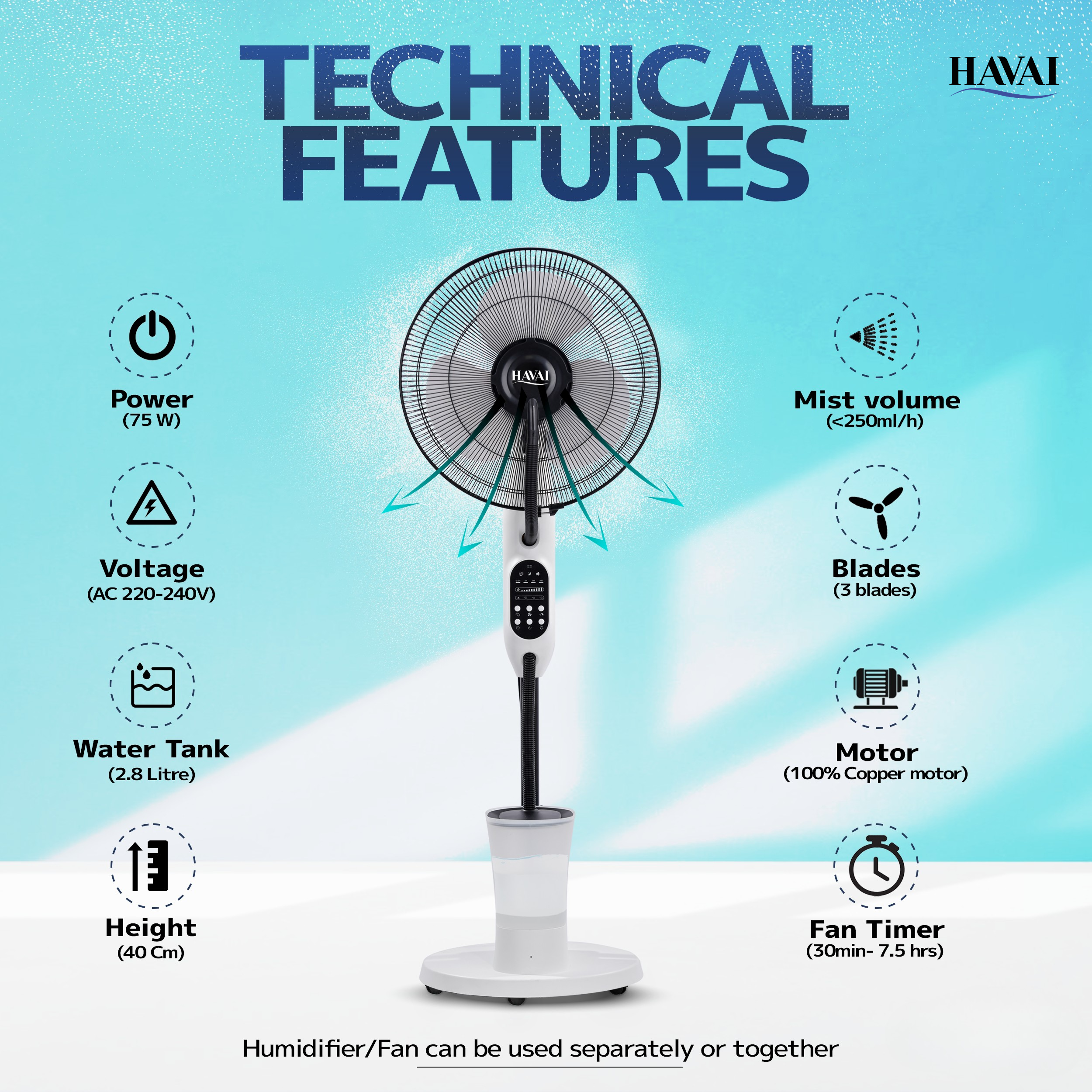 HAVAI Blu Mist Pedestal Fan – 16" Residential Mist Fan | Remote Control | 2.8 Litre Tank | Installation Included (White, Pack of 1)