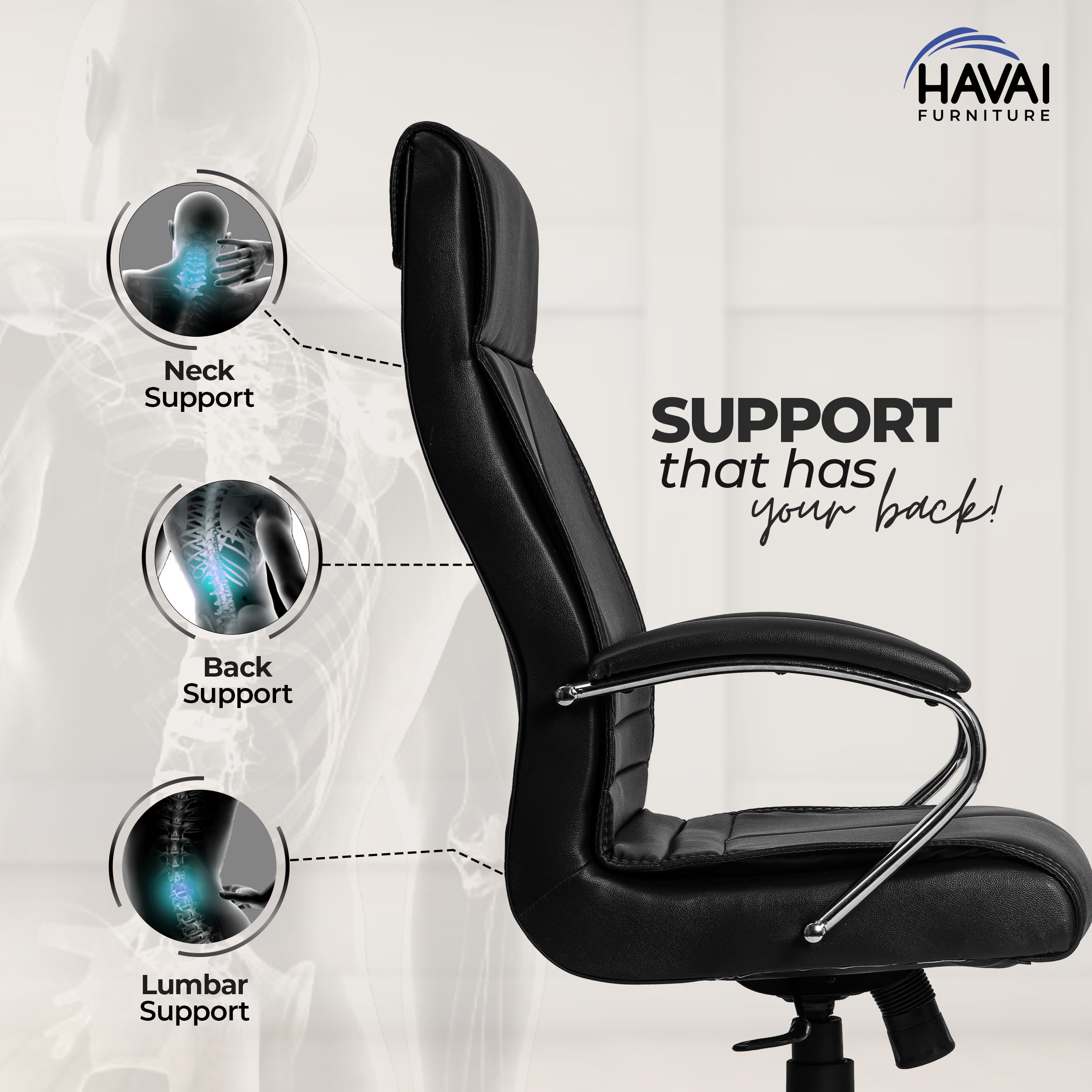 HAVAI Nova High Back Office Chair | Premium Leather | Ergonomic Executive Chair with Single Lock Tilt Mechanism | Chrome Steel Base & Arms | Class 4 Gaslift | 50mm Casters | High-Density Cushioned Seat & Back (Black)