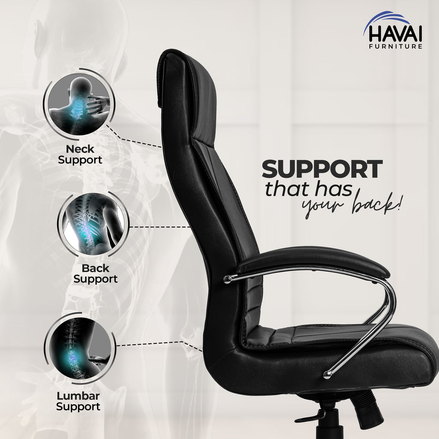 HAVAI Nova High Back Office Chair | Premium Leather | Ergonomic Executive Chair with Single Lock Tilt Mechanism |  Chrome Steel Base & Arms | Class 4 Gaslift | 50mm Casters  | High-Density Cushioned Seat & Back (Black)